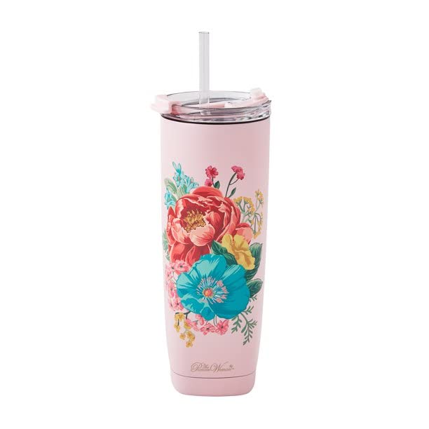 Pioneer Woman Fancy Flourish Tumbler - 16oz Insulated Stainless Steel Cup with Lid & Straw - Perfect for Coffee, Tea & Cold Drinks at Home, Office or Travel