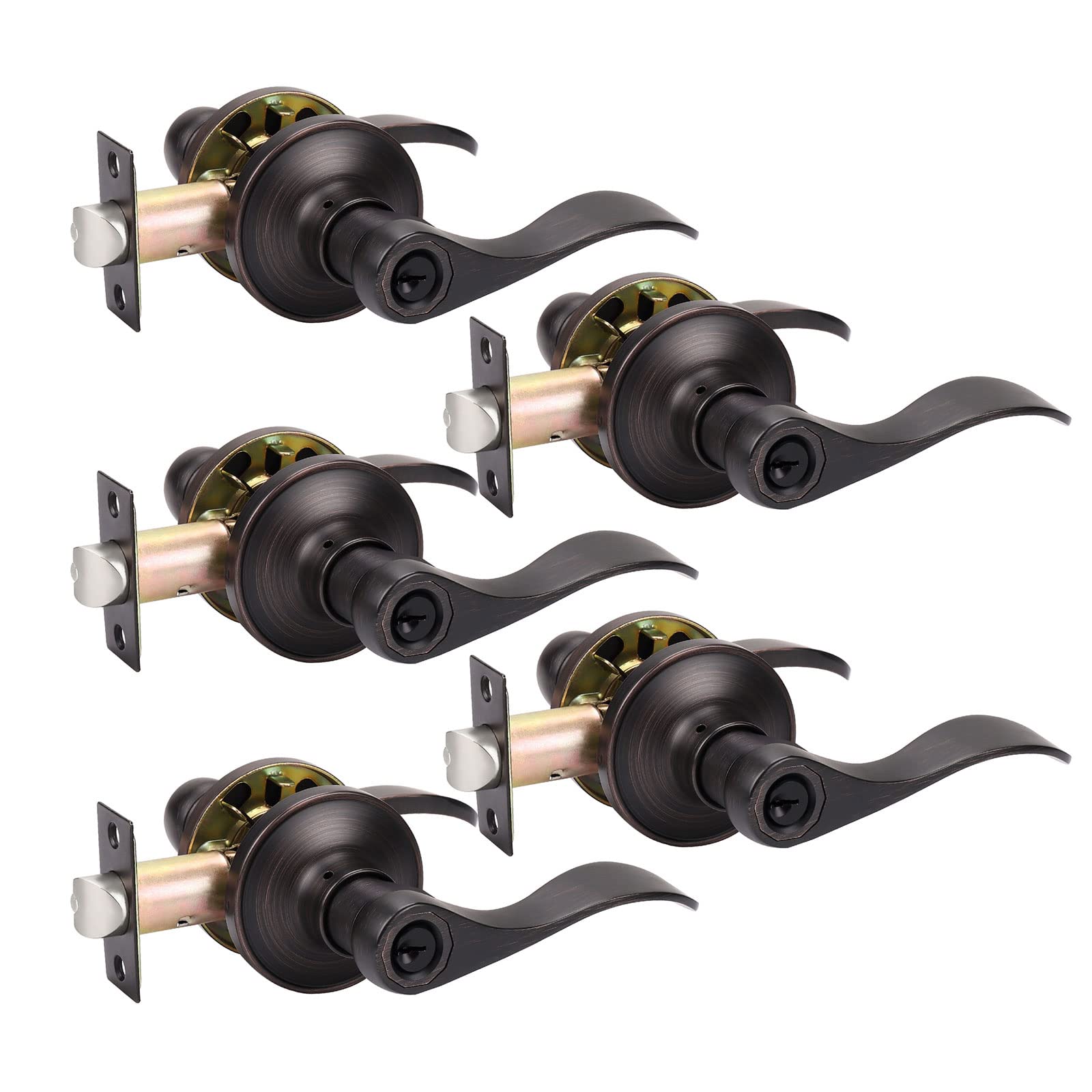 KNOBWELL 5 Pack Front Entry Door Handle Lock Set - Drop Style Door Levers with Keyed Entry - Secure Interior/Exterior/Entrance Doors - Perfect for Homes, Offices & Apartments