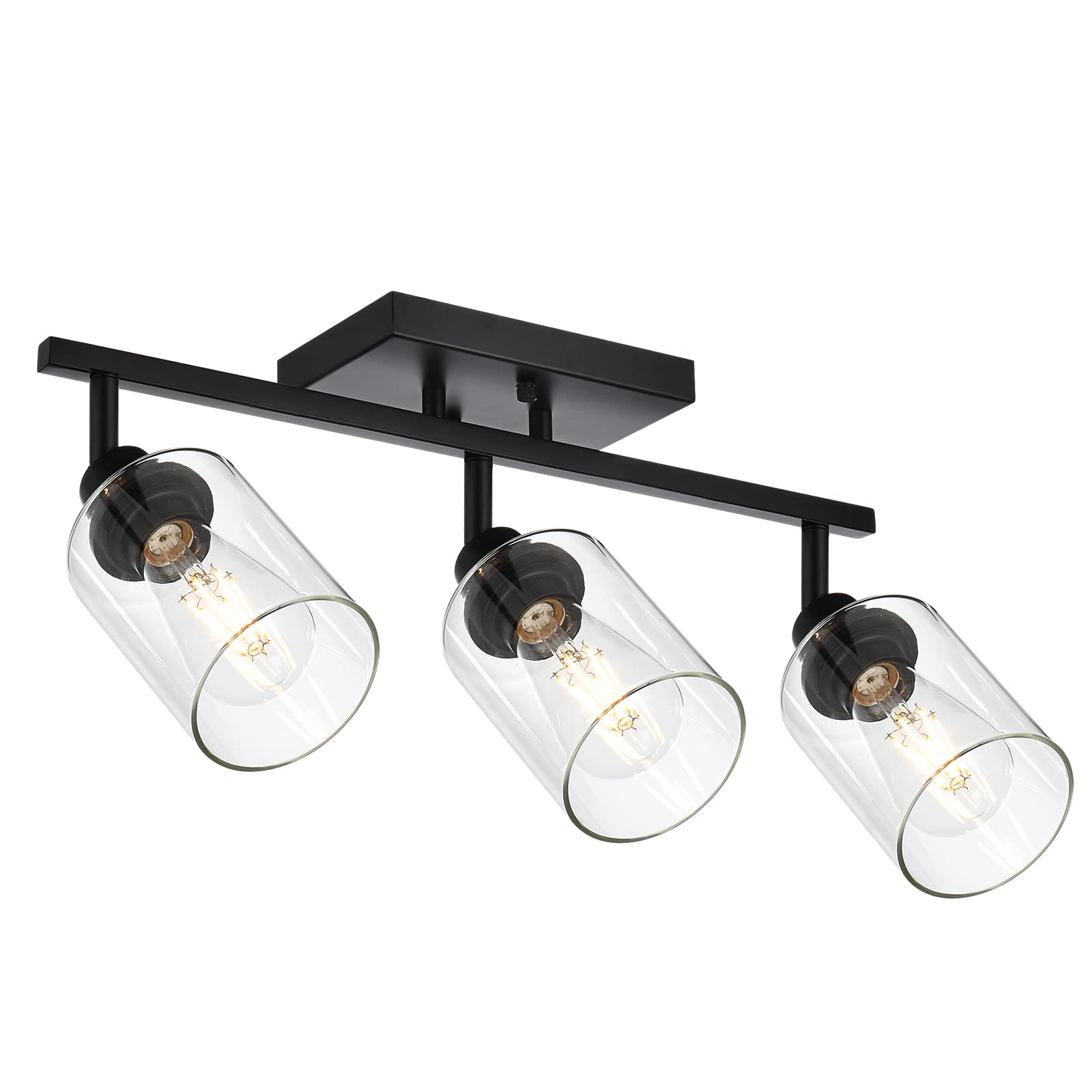 VINLUZ Matte Black 3-Light Bathroom Vanity Light with Rotatable Spotlight Heads & Clear Glass Shade - Classic Ceiling Fixture for Modern Bathrooms, Powder Rooms & Dressing Areas