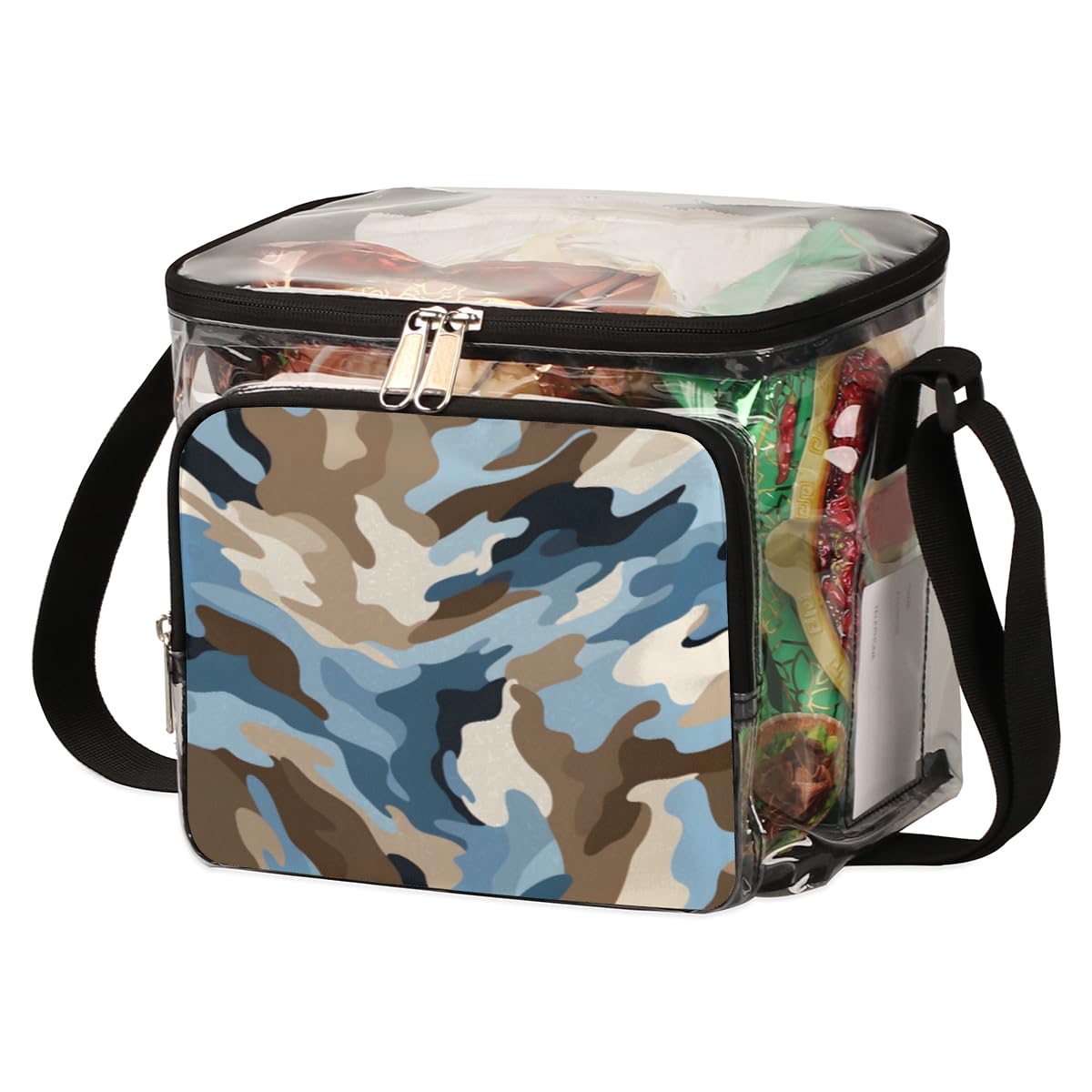 GzLeyigou Camouflage Pattern Transparent Tote Bag with Handles - Blue White Clear Crossbody Shoulder Bag for Lunch, Outdoor, Travel, Picnic, Concerts & Sports Events | Stadium Approved Waterproof Multipurpose Carryall (Perfect for Beach, Shopping, Gym & Daily Commute)