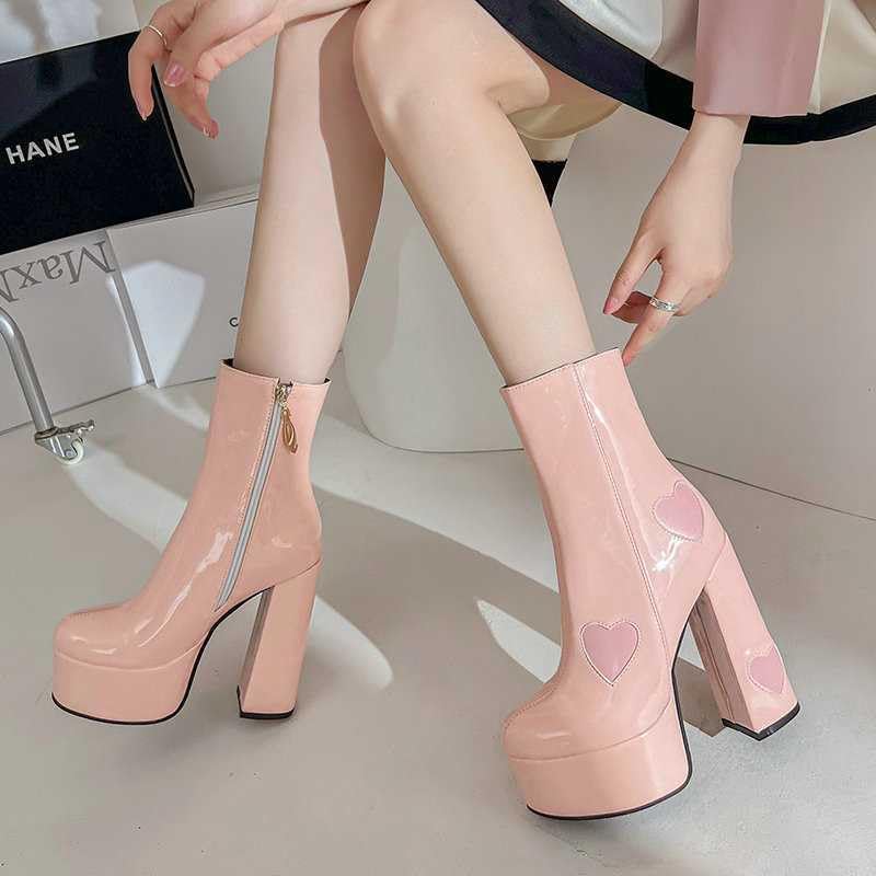 Women's Chunky High Heel Boots with Side Zipper - PU Leather Stretch Platform Boots for Comfort & Style - Perfect for Night Out, Party & Winter Fashion