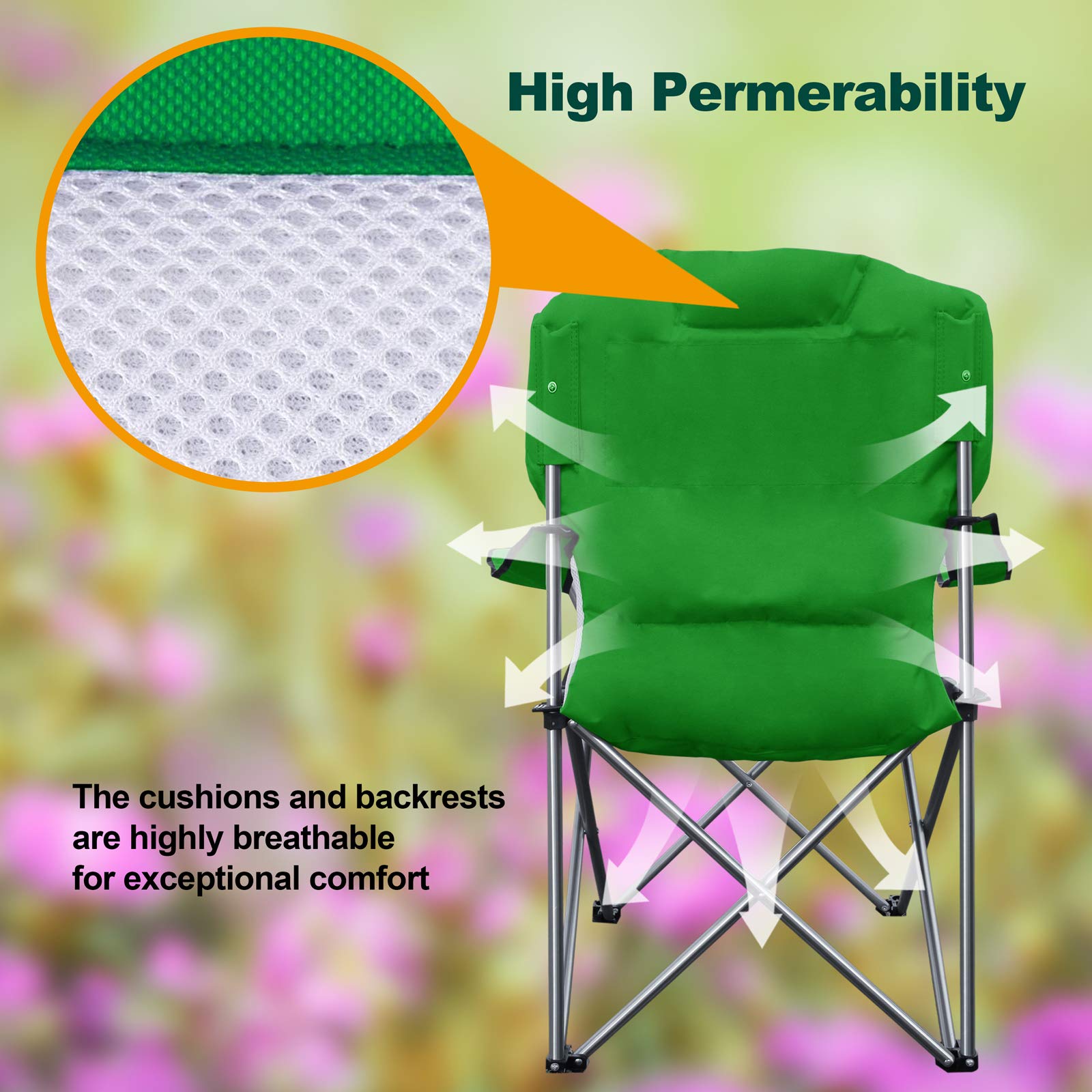 Camabel Heavy Duty Folding Camping Chair - 400lbs Capacity, Extra Large Padded Outdoor Lawn Chair for Beach, Hiking, Fishing, BBQ & Sports Events - Lightweight Portable with Storage Bag & Cup Holder (Green) - Perfect for Backyard, Picnics, Tailgating & Camping