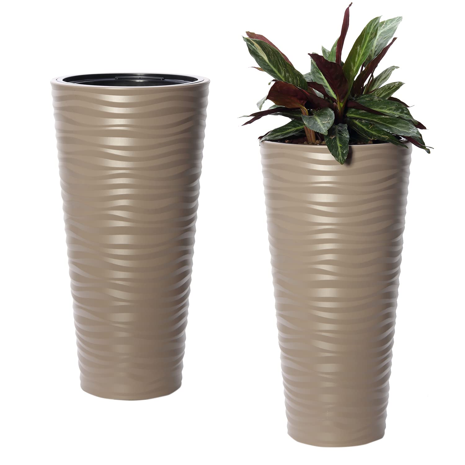 Tall Modern Round Flower Pot with Insert - Set of 2 (31 Inch, Brown) for Indoor/Outdoor Plants - Perfect for Home Decor, Garden, Patio & Office