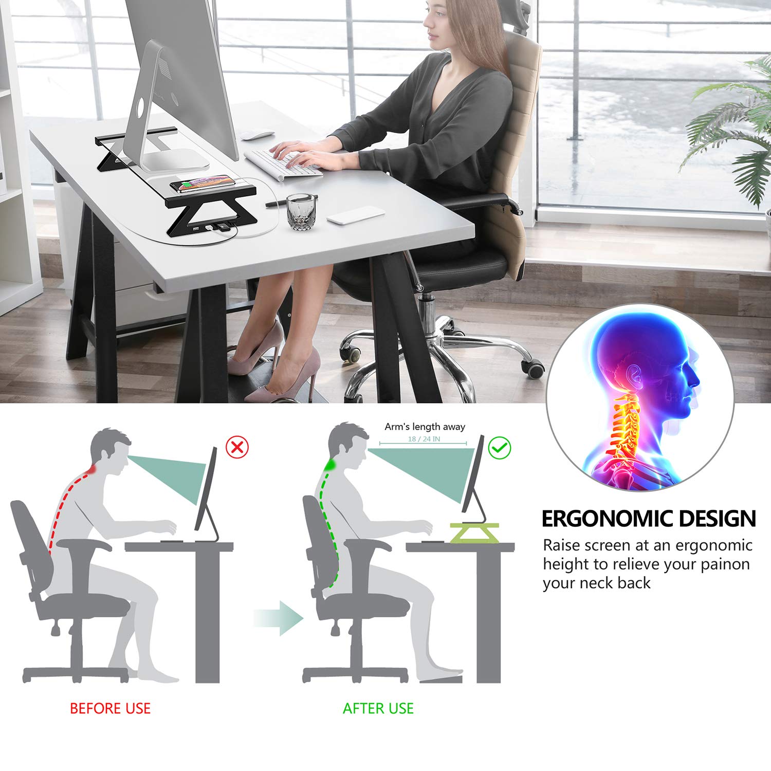 Yivandi Clear Tempered Glass Monitor Stand with USB Ports - 3-in-1 Adjustable Computer Riser for PC, iMac, MacBook & Printer - Perfect for Home Office, Gaming Setup & Workspace Organization