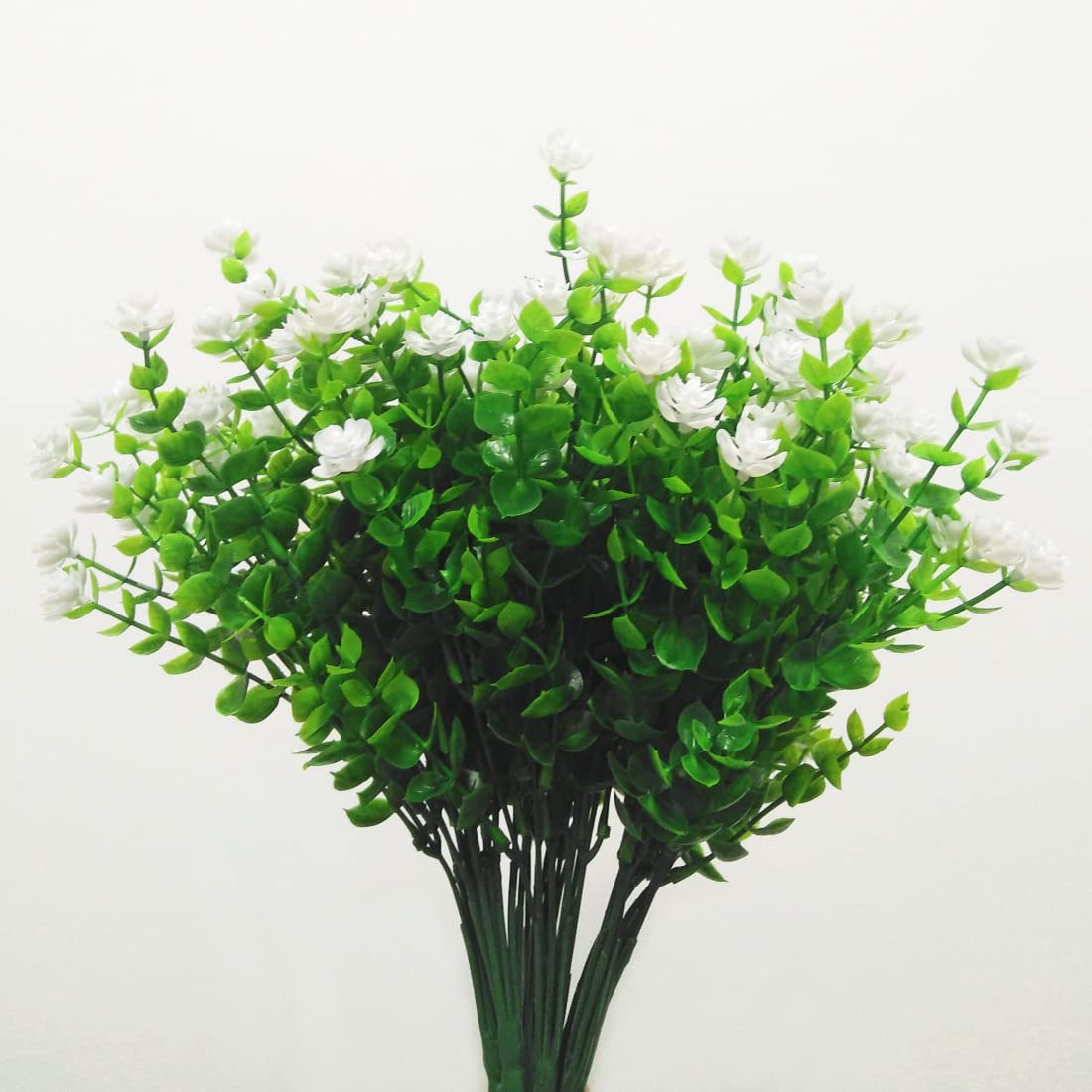 6 Bundles Artificial Eucalyptus Flowers - UV Resistant Faux Plastic Plants for Outdoor Garden, Porch & Window Box Decor - White Fake Greenery for Home & Wedding Decoration