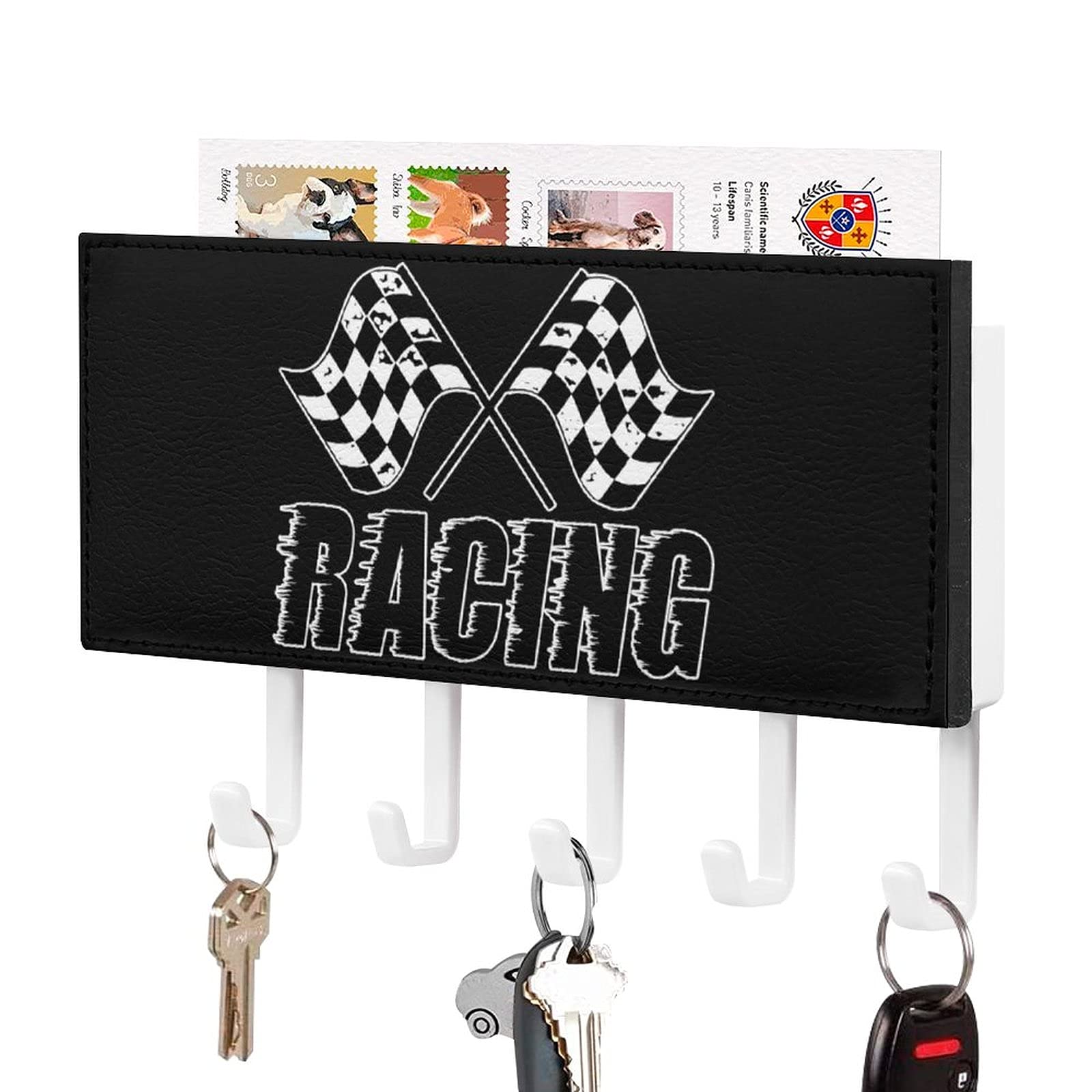 Checkered Flag Wall Mount Key Holder with 5 Hooks - Key Rack Organizer for Entryway, Mudroom, Hallway, Kitchen & Office - Rustic Home Decor & Wall Shelf - Perfect for Racing Fans & Home Organization