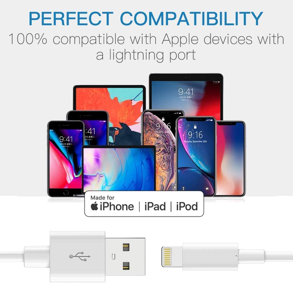 MFi Certified Lightning Cable 3-Pack - 6.6ft Extra Long iPhone Charger Cord Fast Charging & Data Sync for iPhone 13/12/11/Pro/XS Max/X/8/7 & iPad | Durable White USB Cable for Home, Office & Travel