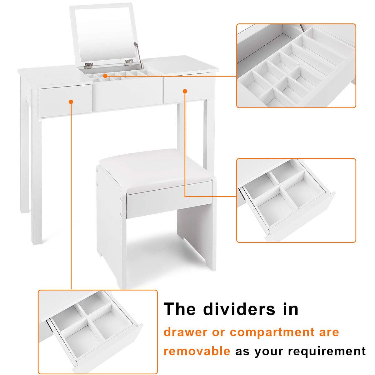 Casart White Bathroom Vanity Dressing Table with Flip Top Mirror, 2 Drawers & 3 Removable Organizers - Perfect for Small Spaces, Makeup Storage & Home Organization