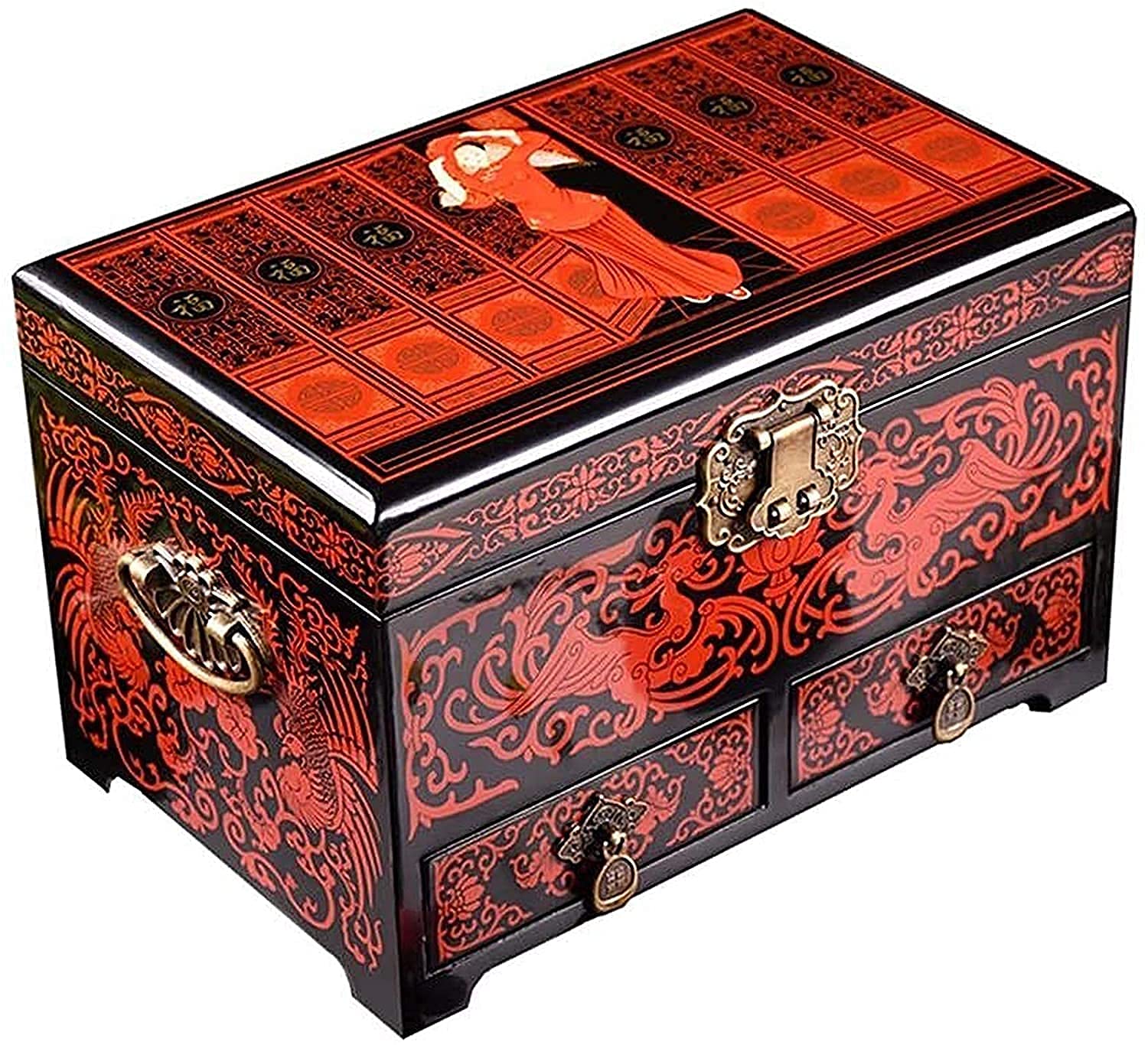 Handmade Vintage Wooden Jewelry Box with Metal Lock - Chinese Lacquerware Craft Storage Organizer for Rings, Necklaces & Earrings - Perfect for Home Decor, Gift Giving & Travel Jewelry Case