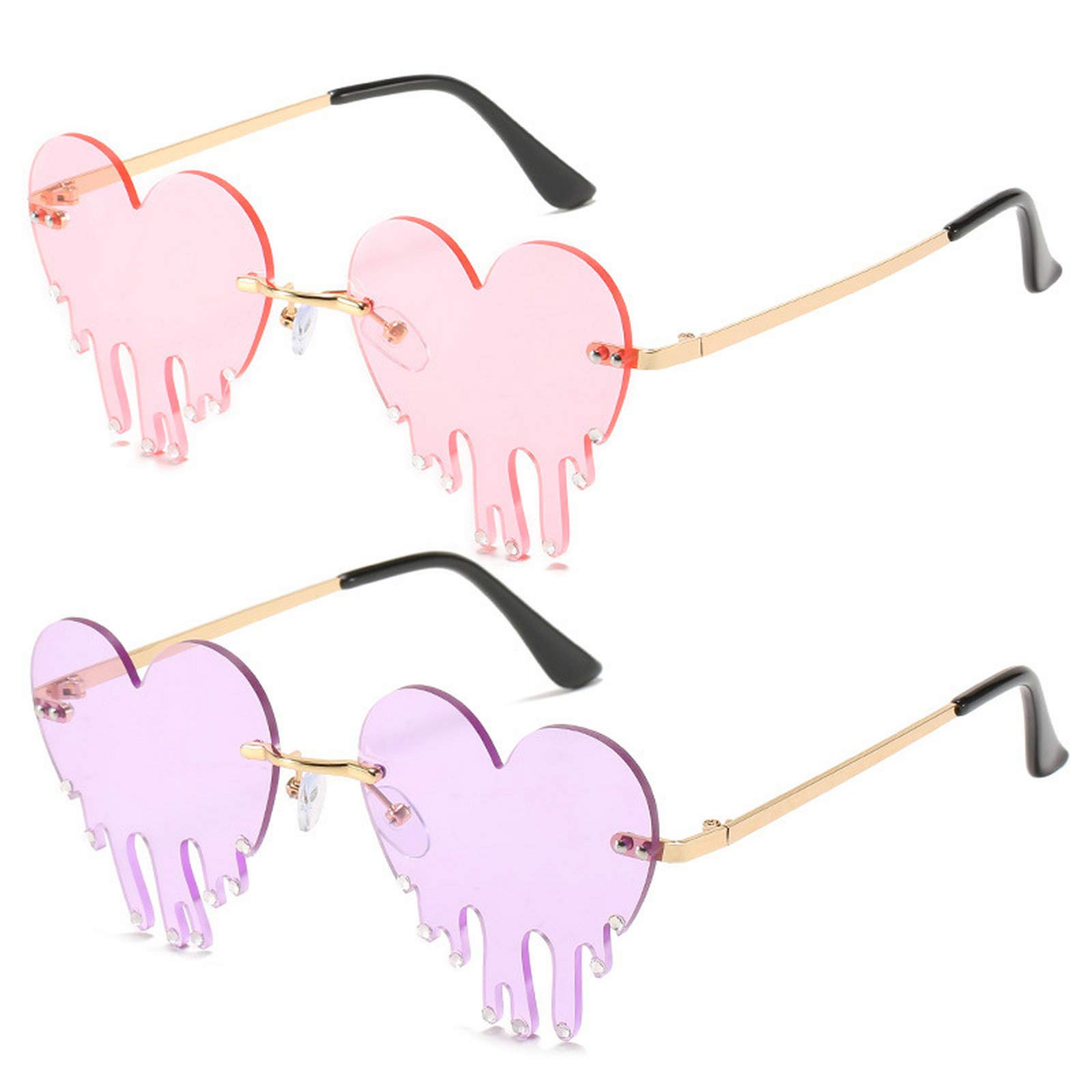 Mincl Heart Sunglasses for Men & Women - Rimless Teardrop Design, Metal Frame, Pink Colorful Party Glasses | Perfect for Festivals, Concerts, and Summer Outings