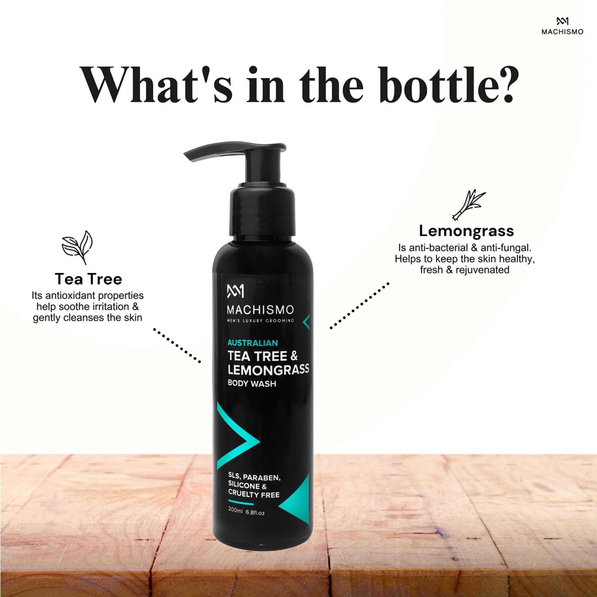 MACHISMO Men's Body Wash with Organic Tea Tree & Lemongrass - Deep Cleansing, Odor Control & Exfoliating Gel for Smooth Skin | Ideal for Gym, Post-Workout & Daily Shower Routine