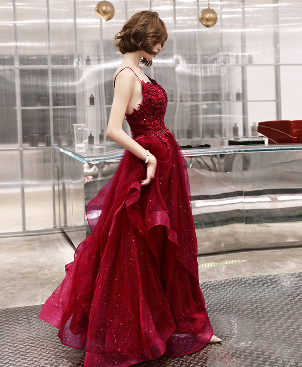 Elegant Burgundy V-Neck Tulle Lace Long Prom Dress | Formal Evening Gown for Homecoming, Wedding, and Special Occasions