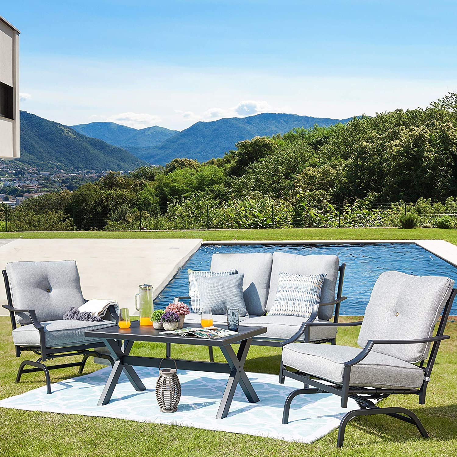 4-Piece Outdoor Patio Furniture Set - All-Weather Metal Chairs with Cushions, Loveseat, Coffee Table & Poolside Lawn Chairs (Grey) - Perfect for Backyard, Garden, Poolside & Terrace Relaxation