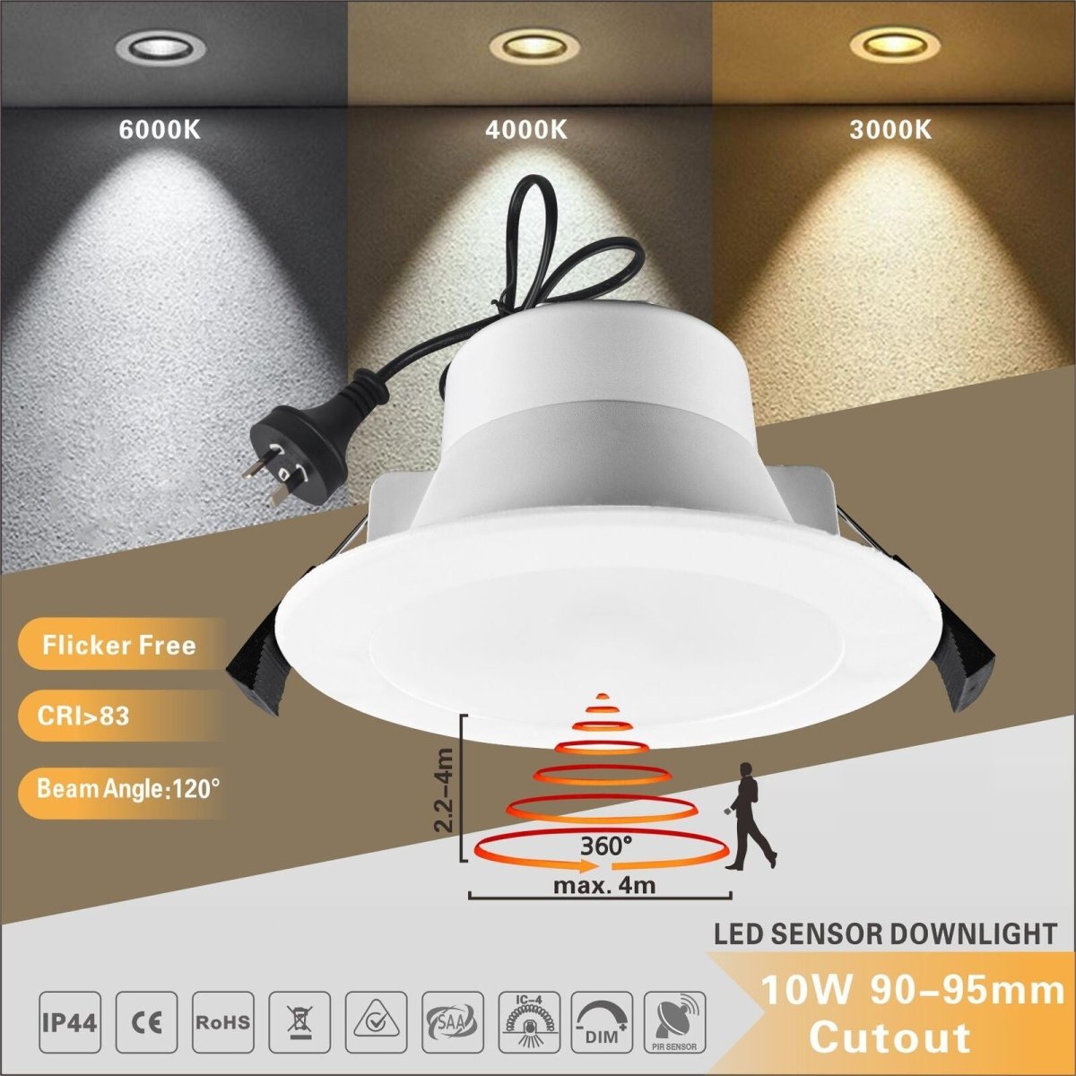 1 PCS NEW 90MM Radar Sensor LED Downlight Kit - 10W Non-Dimmable, 3 Colors in 1 (Warm White/Cool White/Daylight 3000K/4000K/6000K) - Perfect for Home, Office, and Commercial Lighting