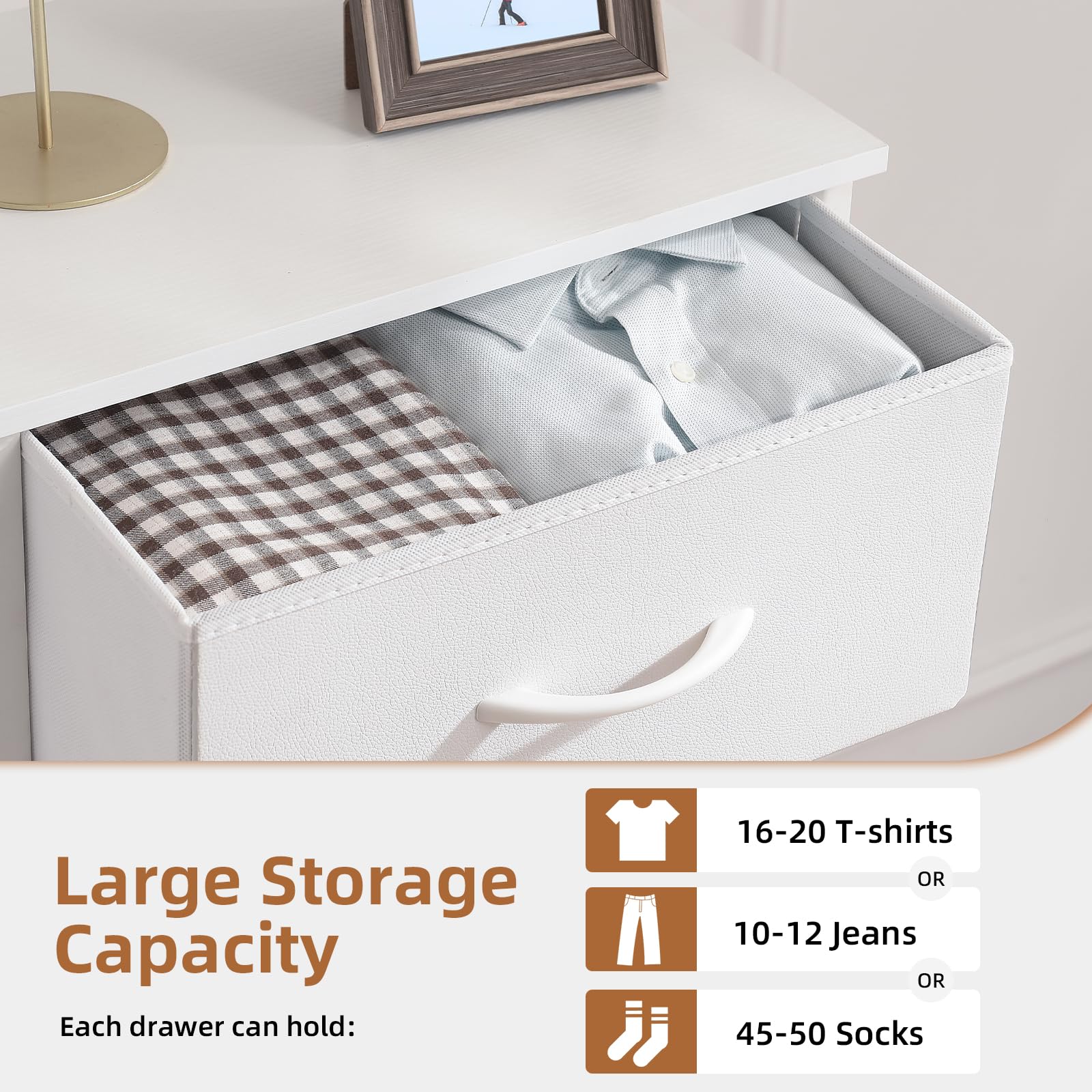 Tall 10-Drawer Dresser with Fabric Bins - White Leather Storage Organizer for Bedroom, Nursery & Living Room