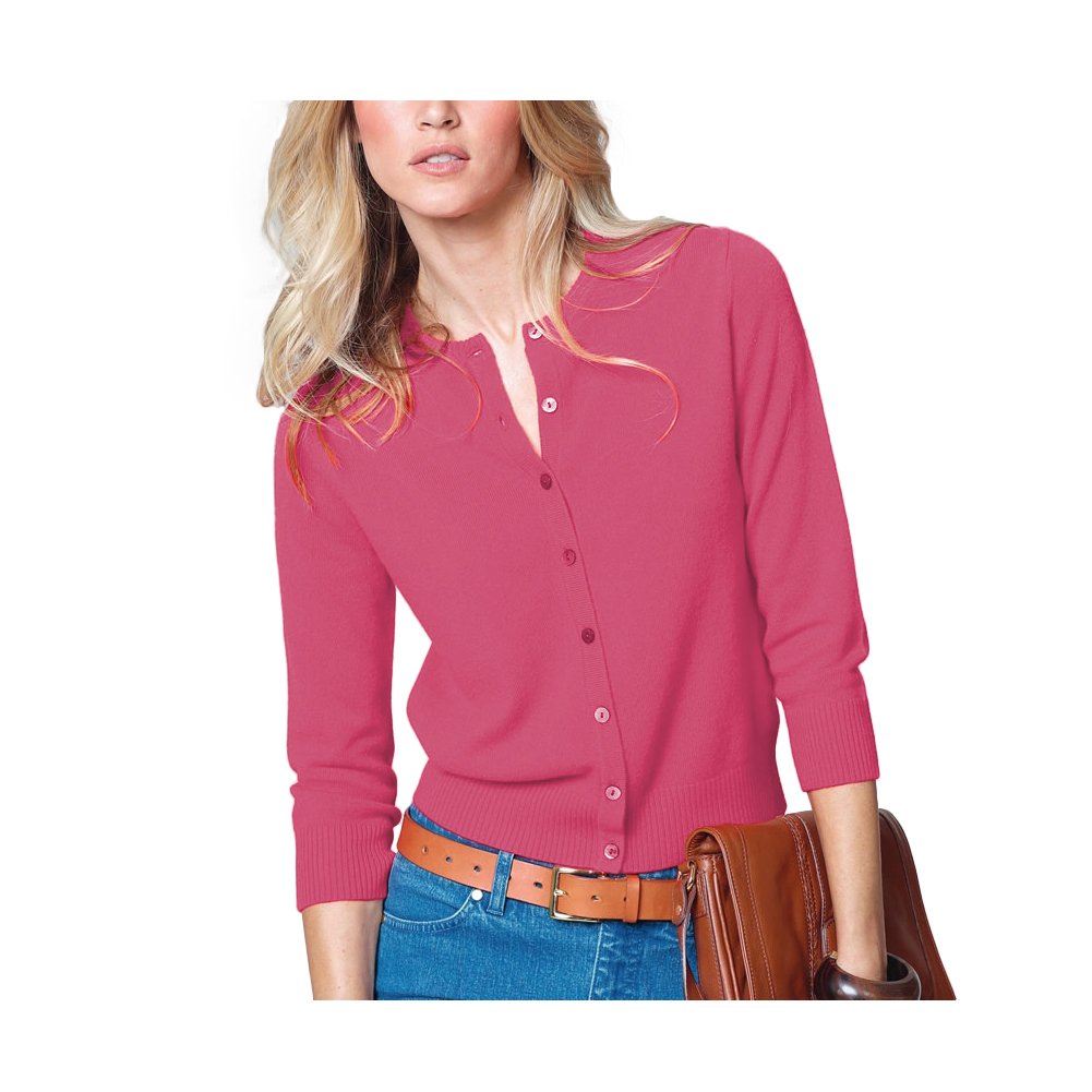 Parisbonbon Women's 100% Cashmere Sweater - Soft Crew Neck Cardigan in Hot Pink, Size Large - Perfect for Office Wear & Casual Outfits