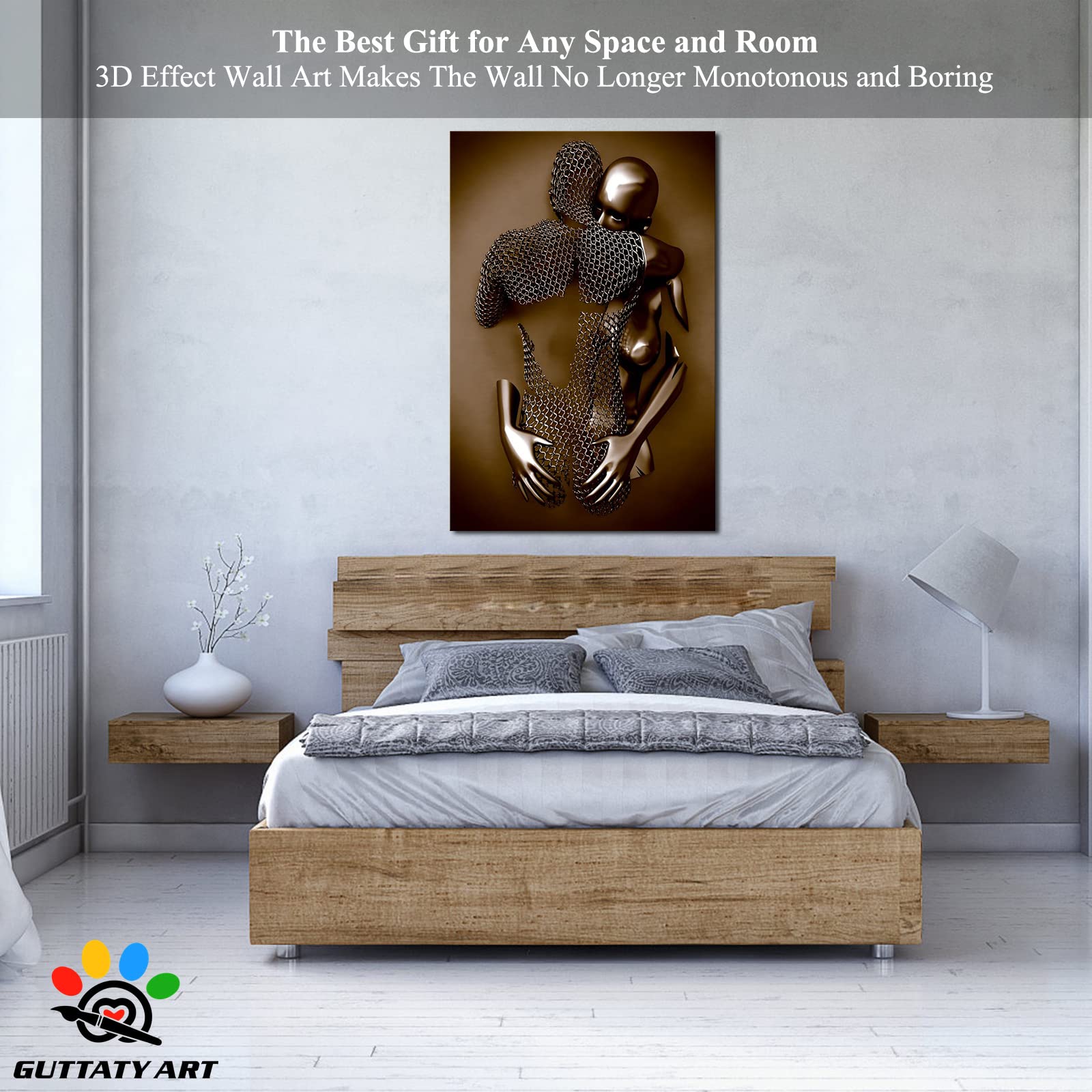 3D Metal Effect Love Heart Gray Canvas Wall Art - Romantic Hugging Couple Painting for Bedroom & Living Room Decor - Valentine's Day Gift for Couples (32x48 Inches) - Perfect for Anniversary, Wedding & Home Interior Design