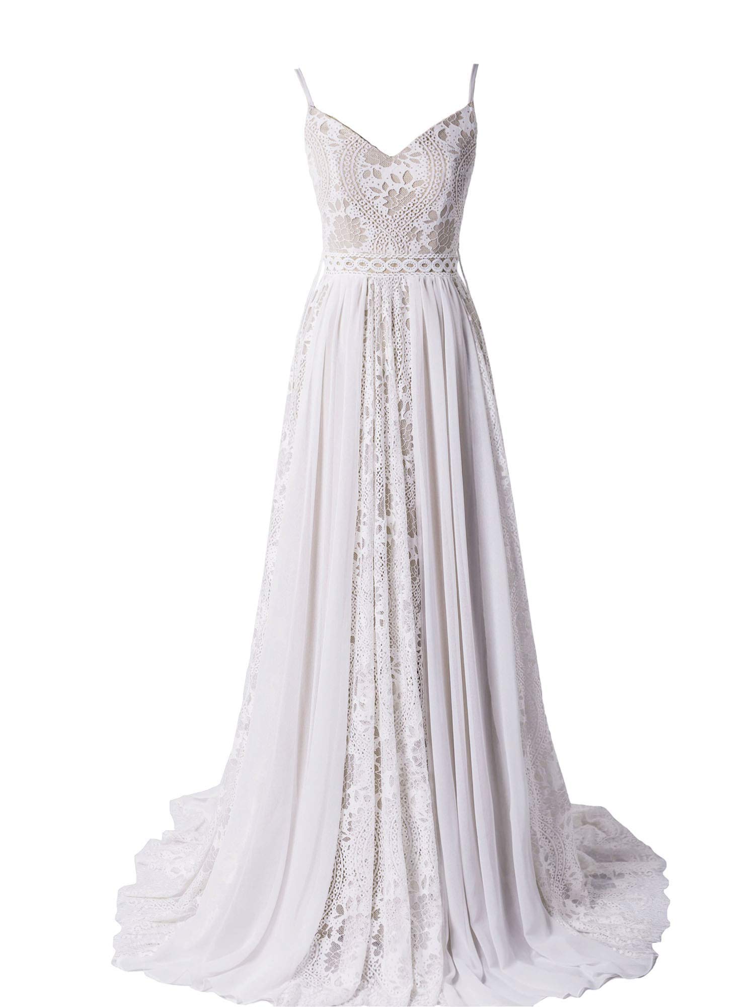 2023 Bohemian Wedding Dresses for Bride - Spaghetti Strap V-Neck Backless Lace Bridal Gown | Summer Beach & Outdoor Ceremony Wedding Dress