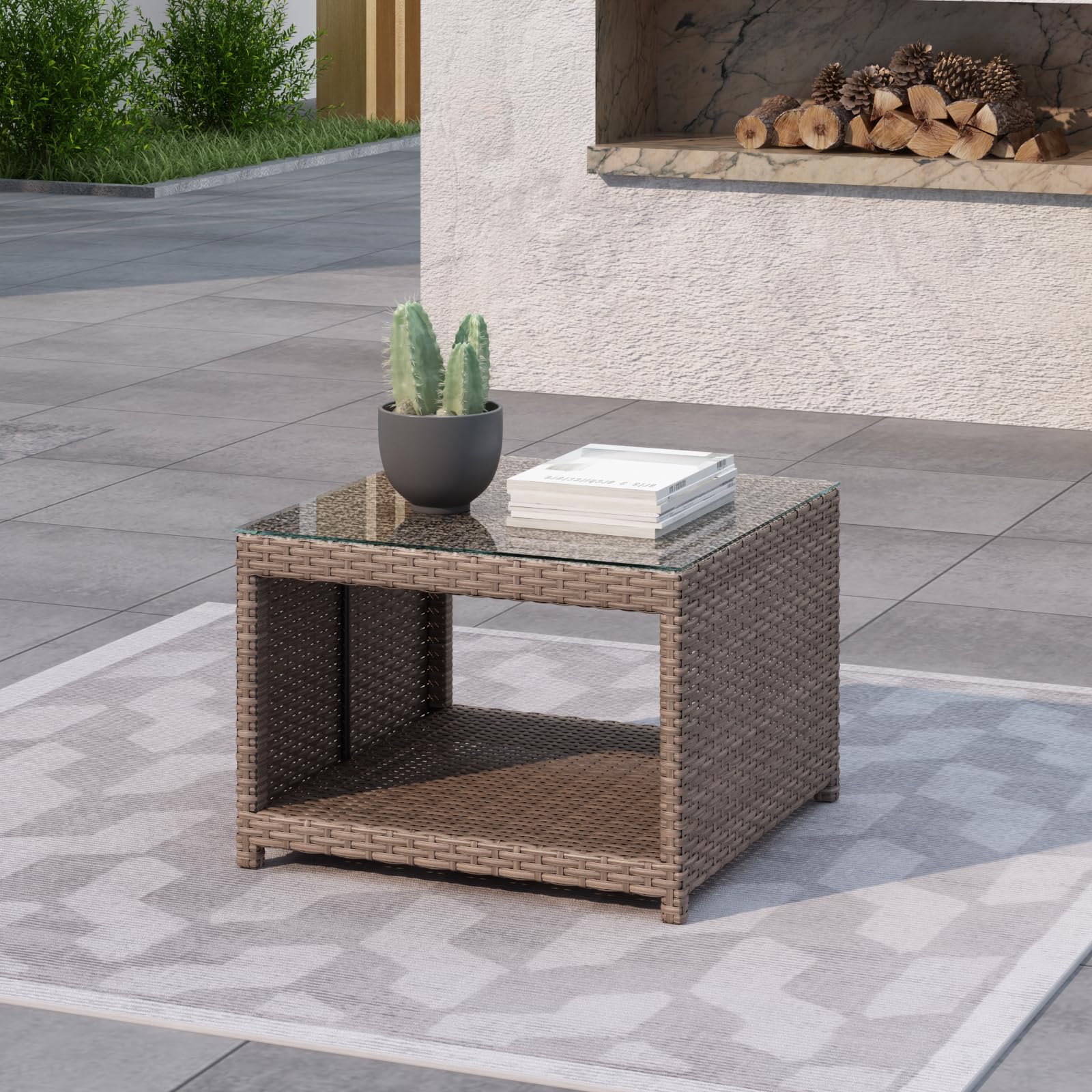 DIMAR GARDEN Outdoor Coffee Table - Wicker Rattan Patio Side Table with Storage & Tempered Glass Top - Modern Luxury Furniture for Garden, Balcony, Poolside - Light Brown