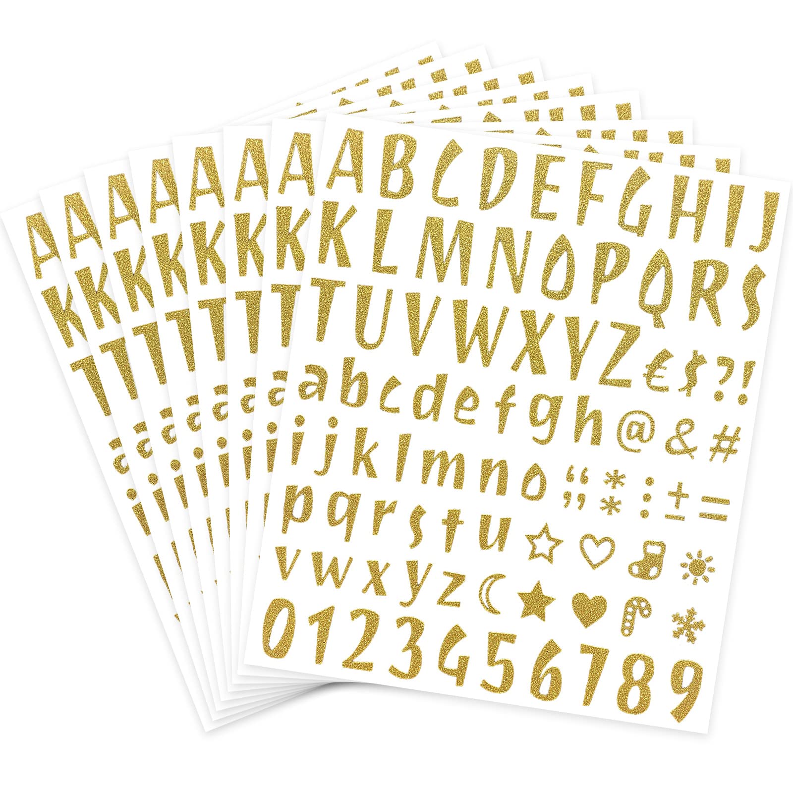 Glitter Alphabet Letter Stickers - 680Pcs Self-Adhesive Gold Number & Letter Stickers for Graduation Caps, DIY Crafts, Christmas Mailbox Decor, Business Signs - 8 Sheets (Perfect for Scrapbooking & Party Decorations)