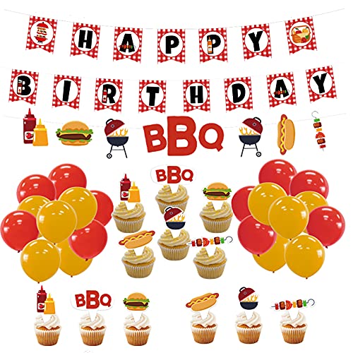 Red Checked Picnic Birthday Party Decorations Set - BBQ Baby Shower Supplies with Happy Birthday Banner, Cupcake Toppers & Balloons - Perfect for Outdoor Celebrations, Themed Parties & Backyard Gatherings