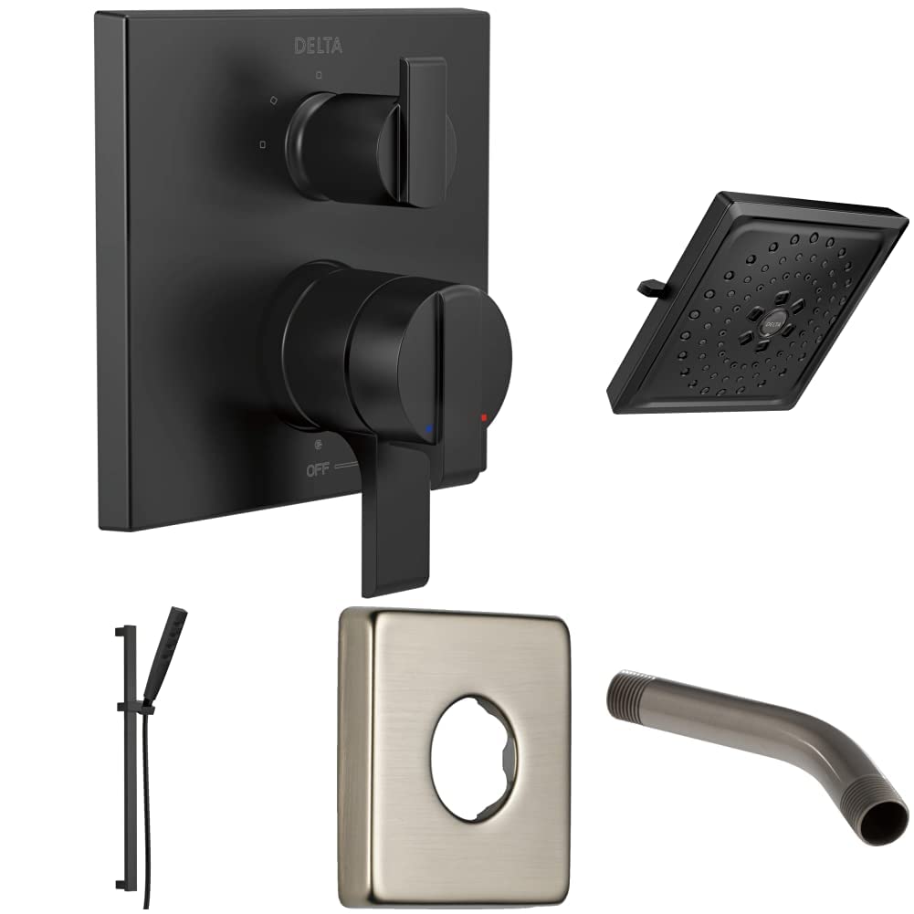 Delta Faucet T27867-BL Matte Black 3-Setting Shower Trim with H2Okinetic Shower Head, Shower Arm & Flange - Complete Tub & Shower Kit for Modern Bathrooms | Water-Efficient Rainfall & Massage Spray Settings