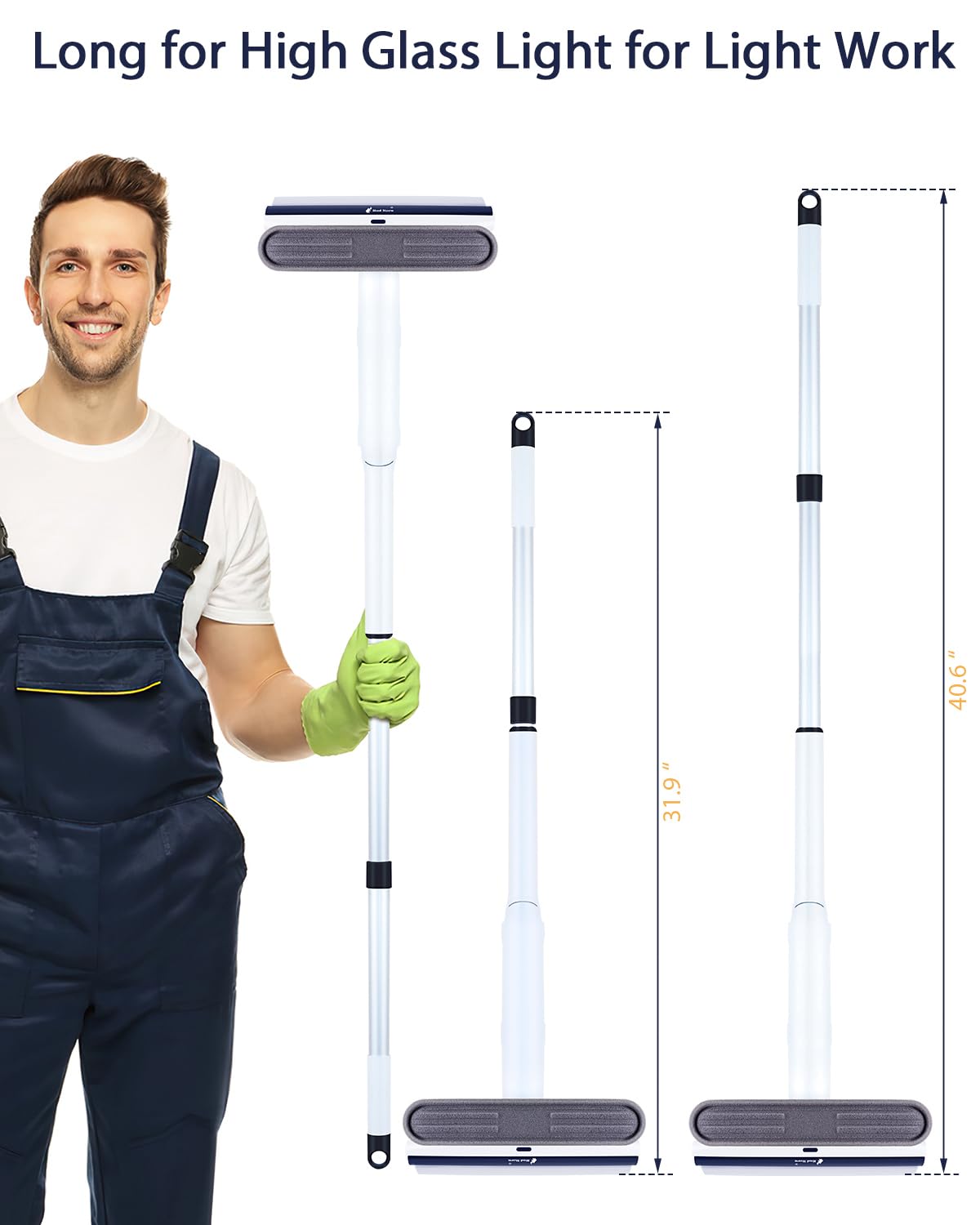 Red Horn Window Squeegee with Long Handle - Professional Mirror & Glass Cleaning Kit with Washable Microfiber Pad & Replacement Blade - Perfect for Windows, Walls, Mirrors, Shower Doors (White) - Ideal for Home, Office, and Commercial Use