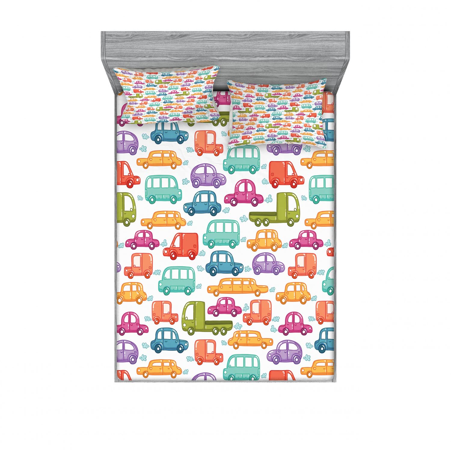 Ambesonne 2-Pack King Size Fitted Sheet & Pillow Sham Set - Modern Cars Print 4-Piece Bedding Decor (2 Fitted Sheets & 4 Pillow Covers) - Vibrant Multicolor Design for Kids' Room, Teen Bedroom & Race Car Themed Decor