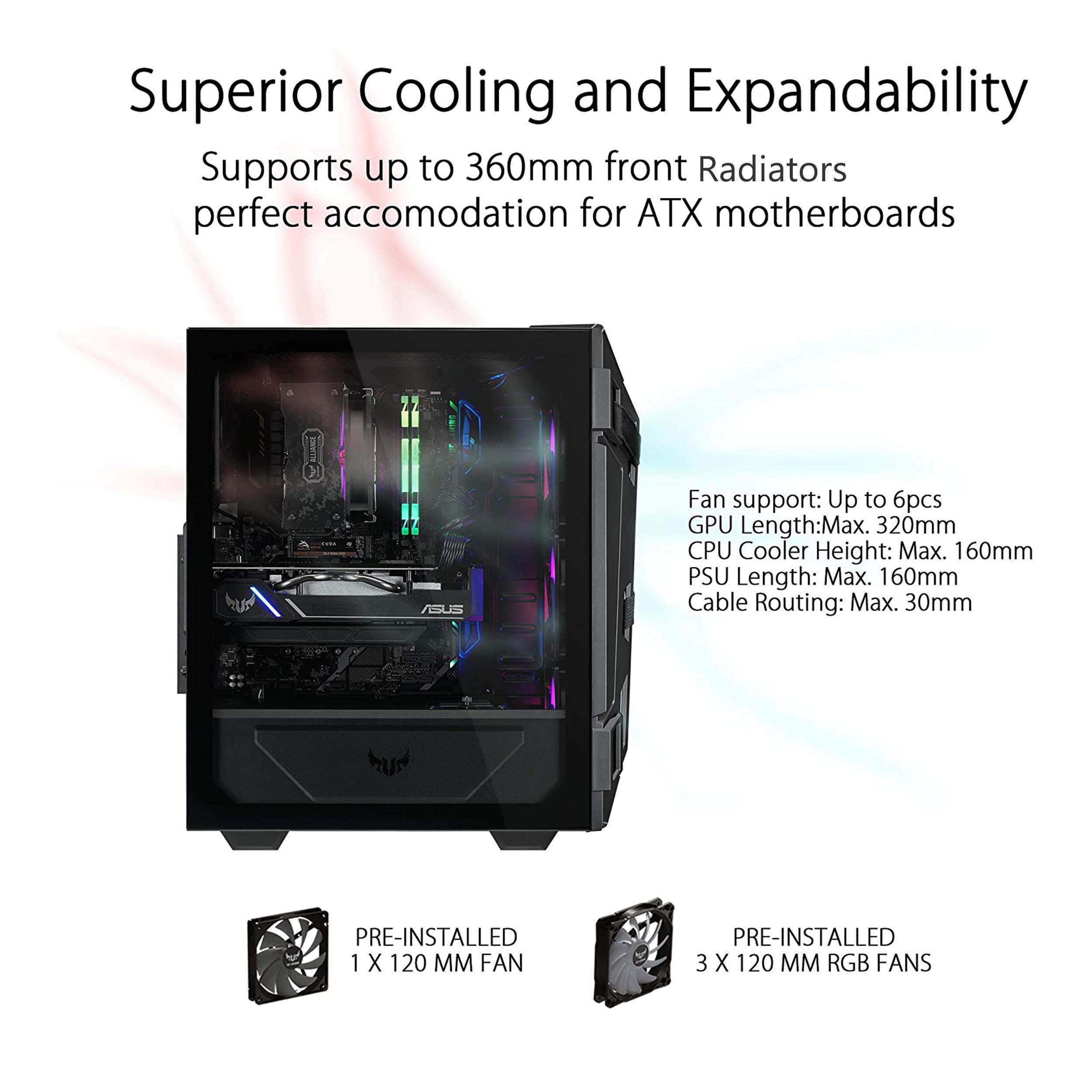ASUS TUF Gaming GT301 Mid-Tower PC Case - Compact ATX Computer Case with Honeycomb Front Panel, 120mm Aura RGB Fans, Headphone Hook & 360mm Radiator Support | Perfect for Gaming PC Builds & Custom Water Cooling Systems