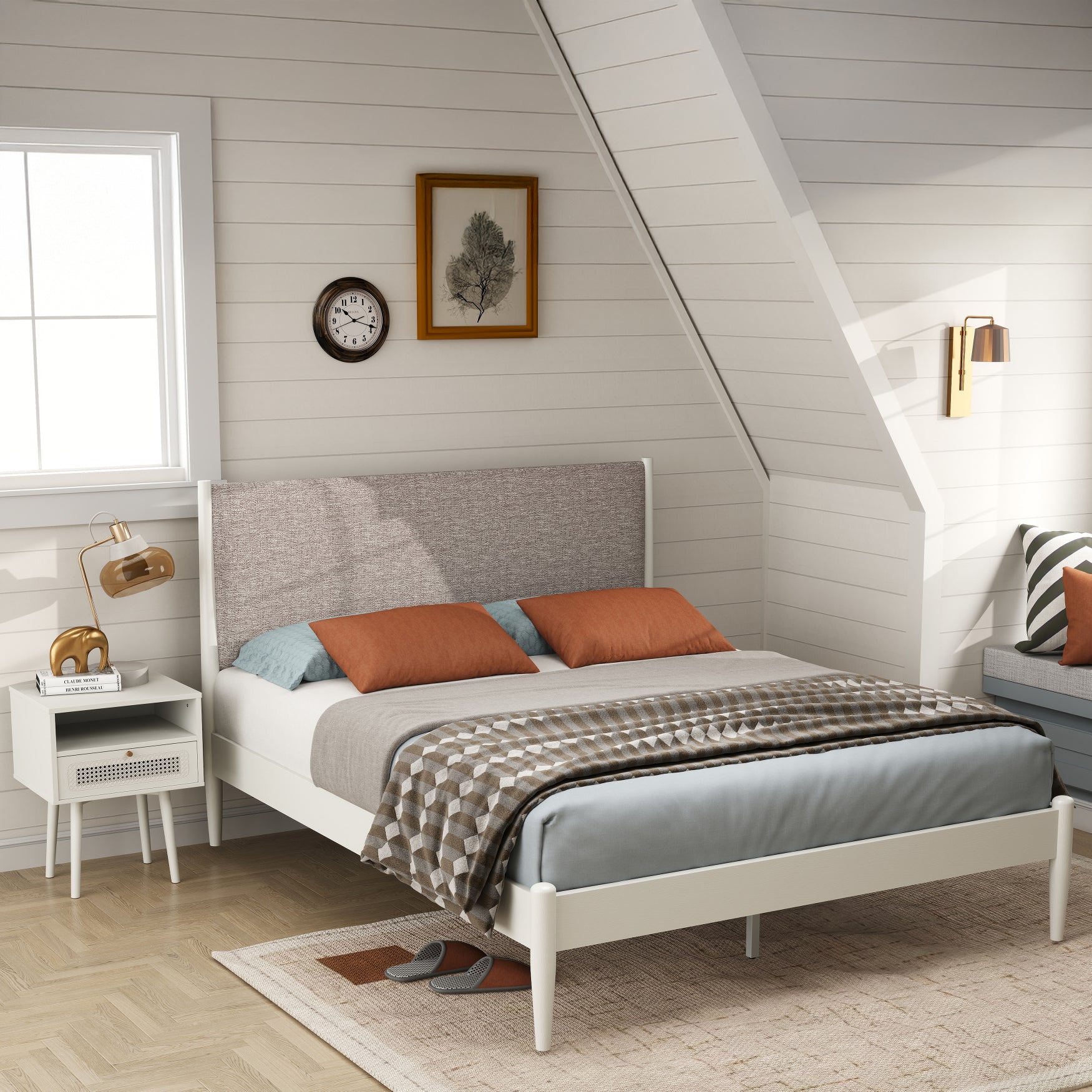 Roundhill Furniture Feeney 2-Piece Queen Bedroom Set - Cream White Platform Bed with Nightstand | Modern Minimalist Bedroom Decor for Small Spaces & Guest Rooms