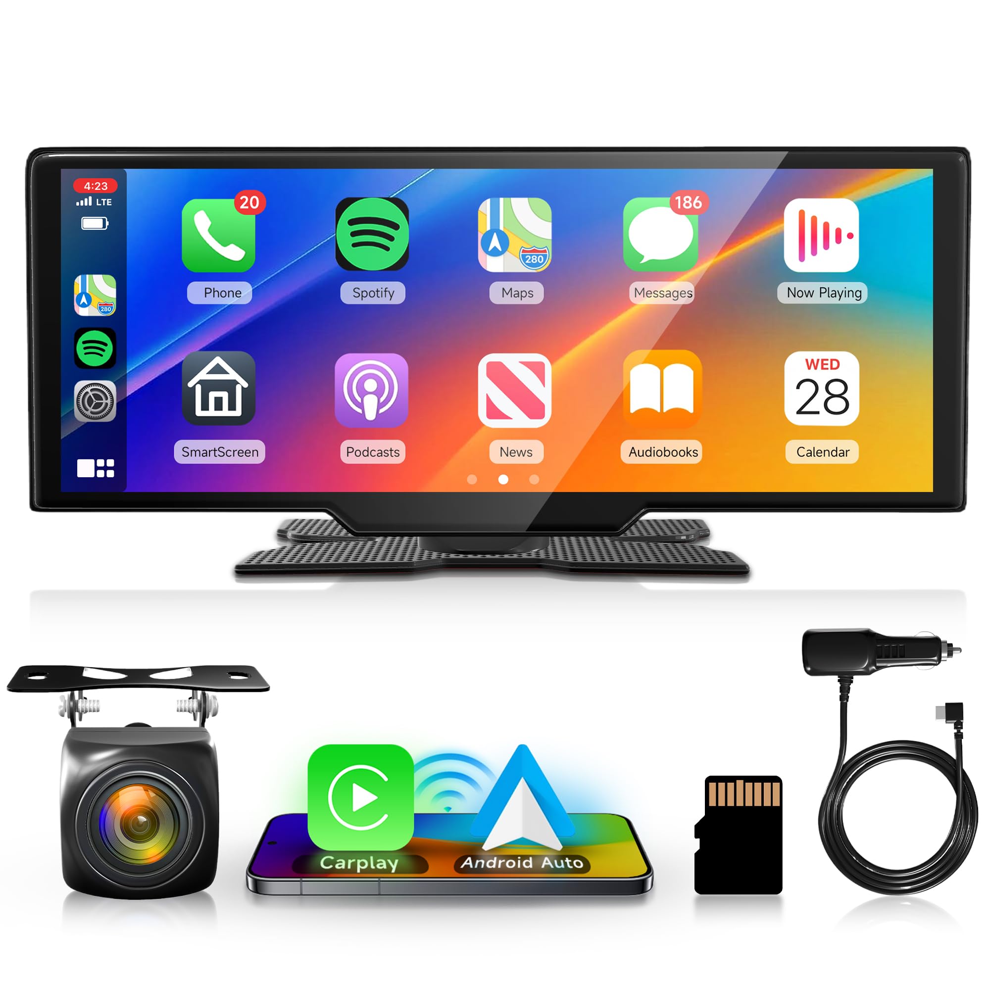 Rimoody 10.26 Inch Portable Car Stereo with Wireless CarPlay & Android Auto - Touchscreen Bluetooth Head Unit with Siri, Rear Backup Camera, Voice Control, TF Card Support (9V-36V) for Road Trips & Daily Commuting