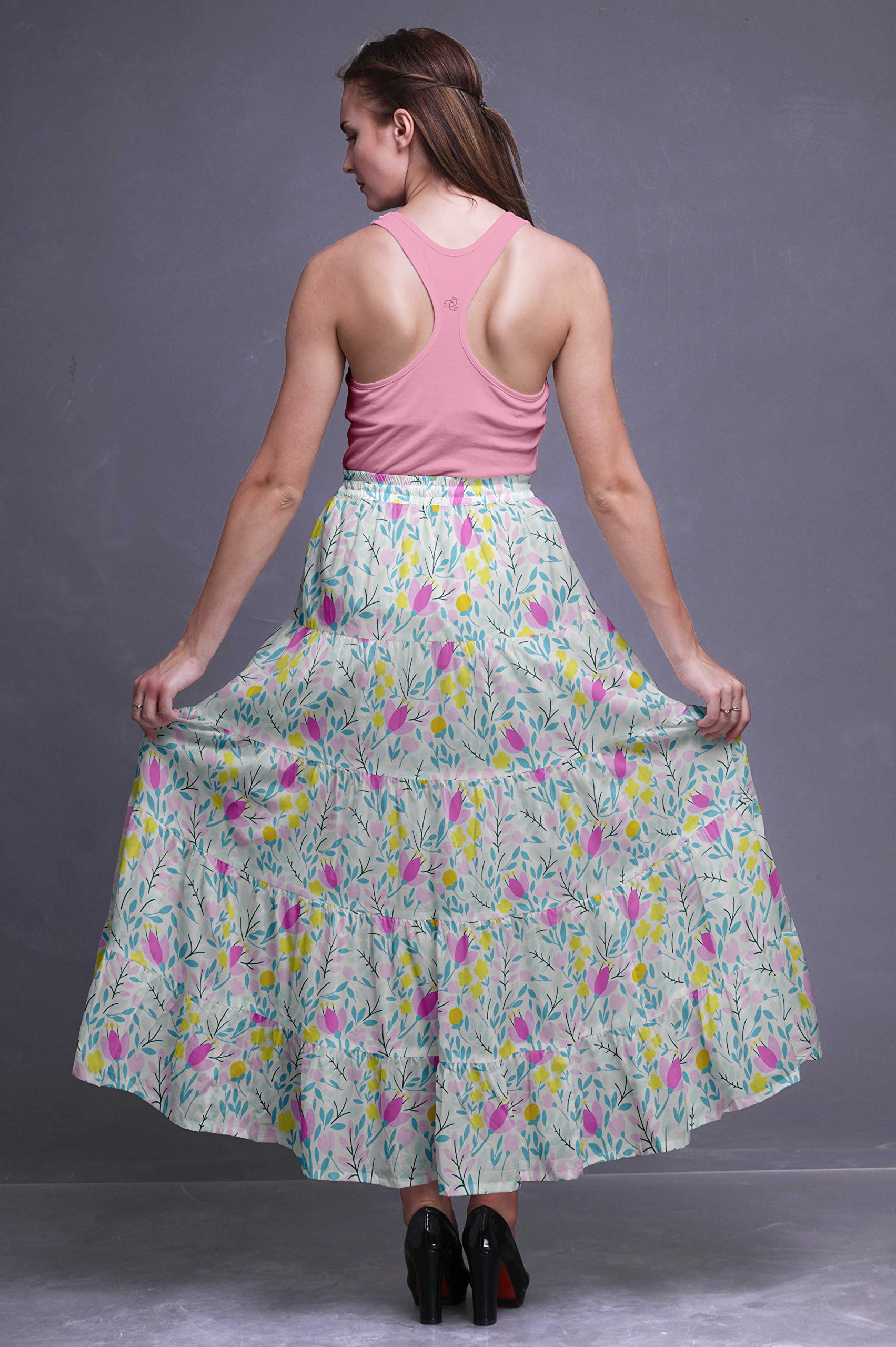 Boho Printed Long 5-Tier Cotton Skirt for Women | Flowy Maxi Skirt with Elastic Waist | Perfect for Beach, Festival & Summer Outfits