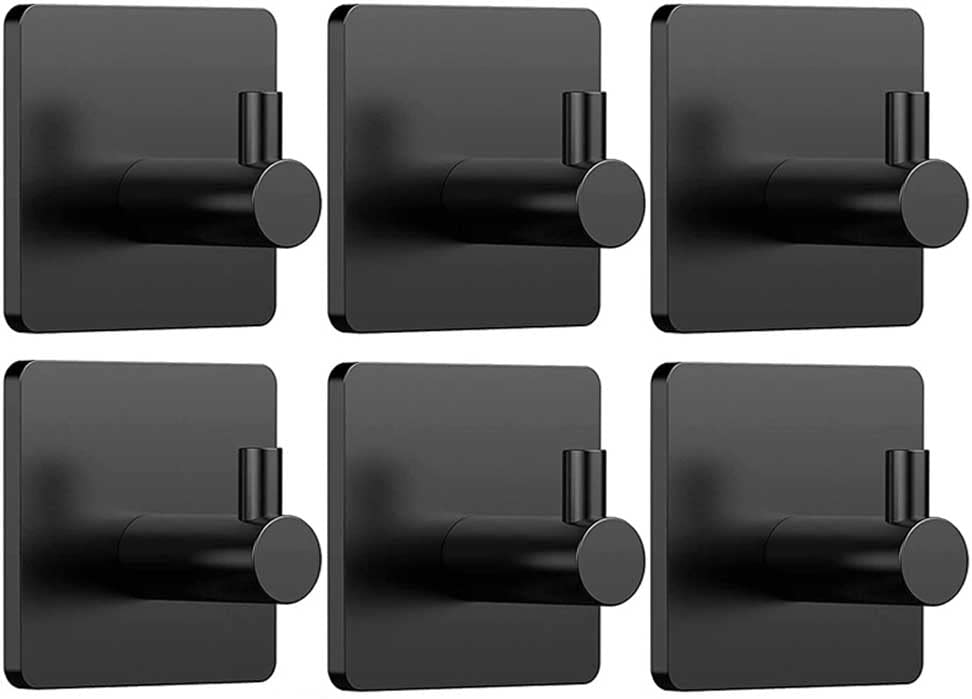 6 Pack Black Self Adhesive Wall Hooks - No Drill Stainless Steel Hangers for Robe, Towel & Coat - Strong Adhesive Bathroom, Bedroom, Office & Kitchen Organizers (Perfect for Small Spaces & Rental Homes)