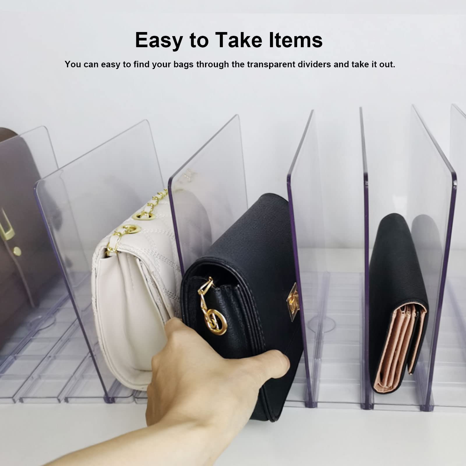 Clear Adjustable Plastic Purse Organizer for Closet - Shelf Dividers & Bag Storage Solution | Perfect for Handbag, Wallet & Accessory Organization in Walk-in Closets & Bedroom Storage