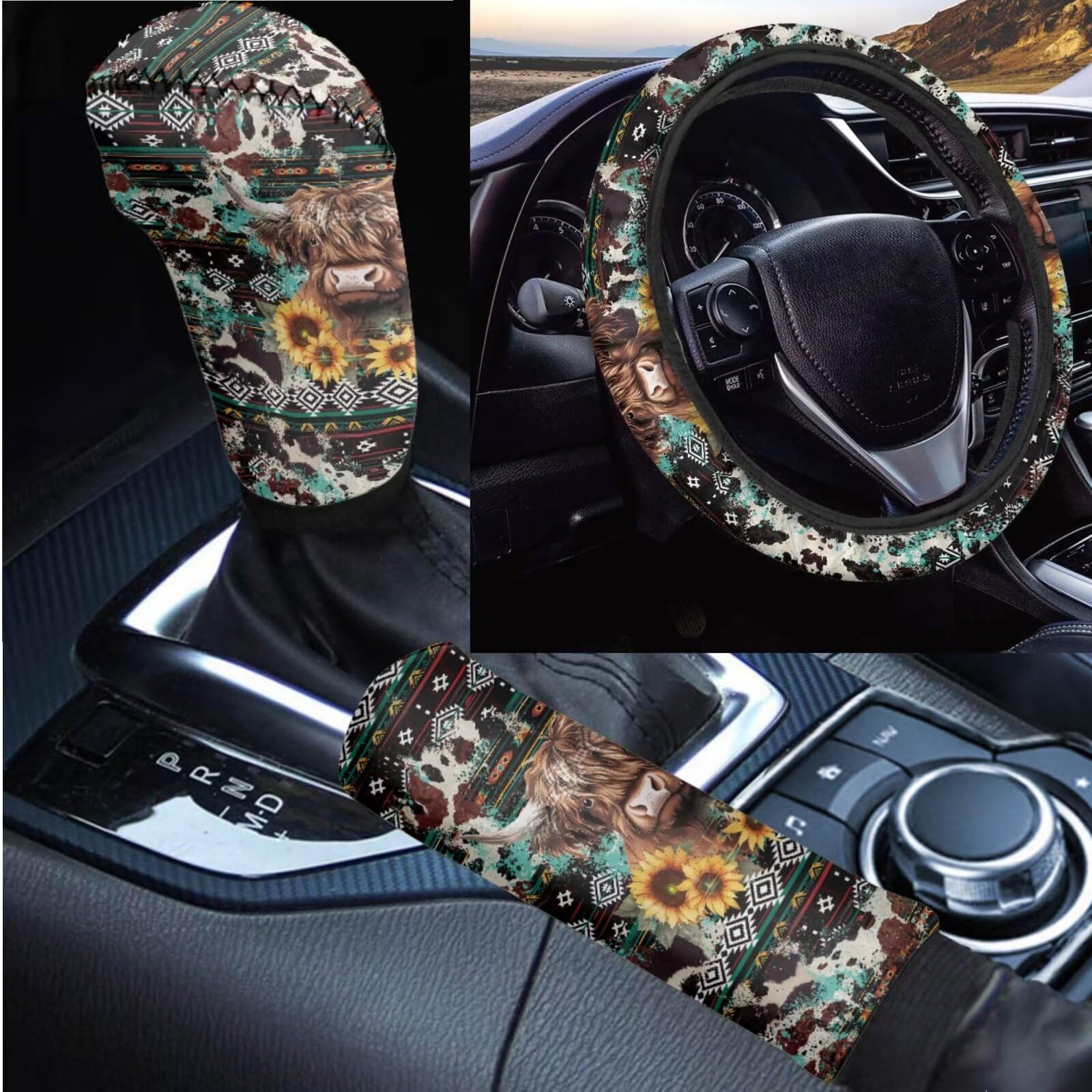 Premium Aztec Highland Cow & Sunflower Car Steering Wheel Cover, Handbrake Cover, Gear Shift Cover Set (Pack of 3) - Non-Slip Grip, Universal Fit for Cars, Trucks & SUVs - Stylish & Protective Auto Accessories for Daily Commute & Road Trips