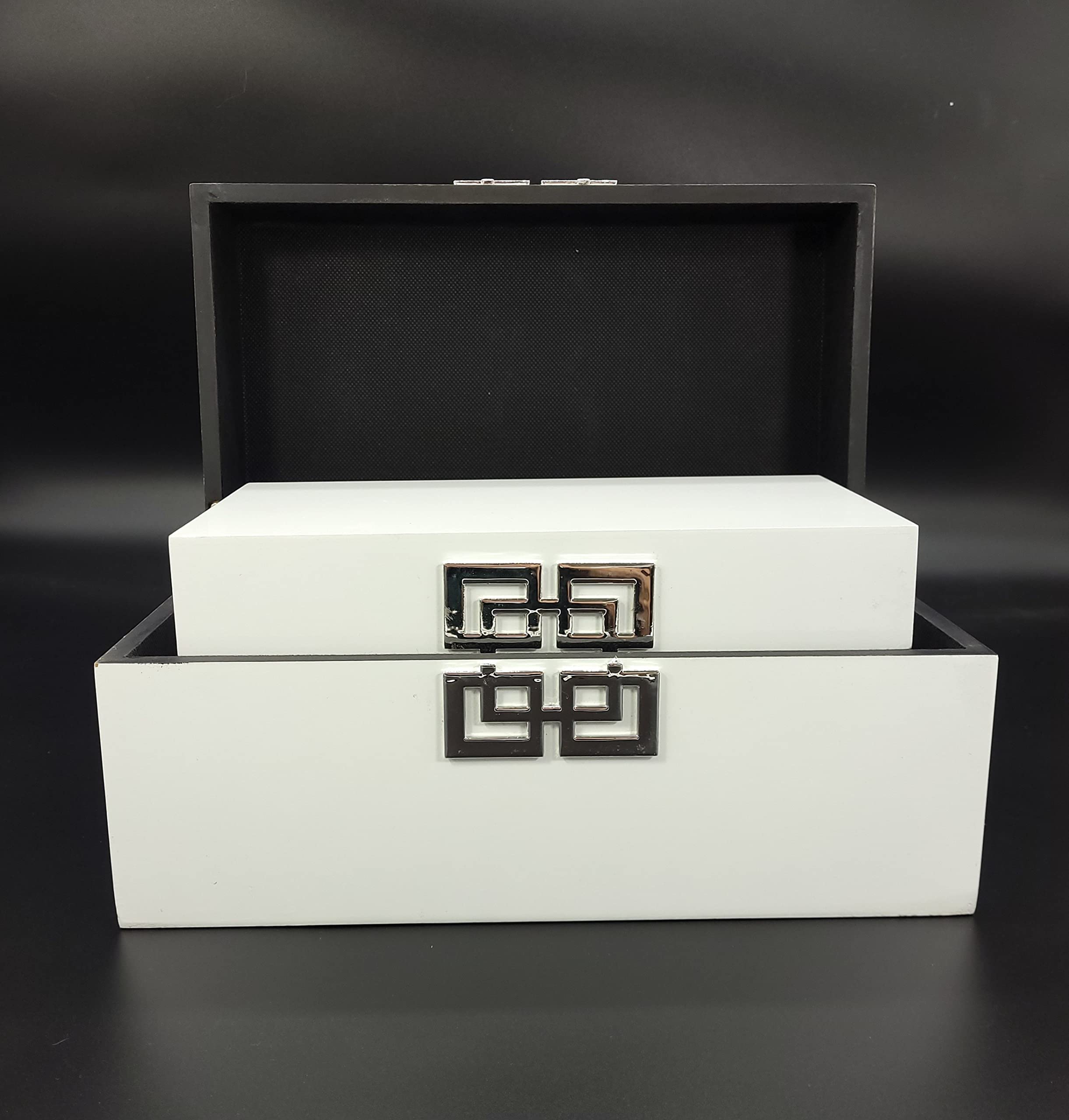 Galt International Wooden Decorative Storage Box Set with Hinged Lid & Geometric Clasp - Classic Home Decor Organizer for Bedroom, Living Room & Office - Set of 2 (White & Silver) - Perfect for Jewelry, Keepsakes & Home Organization