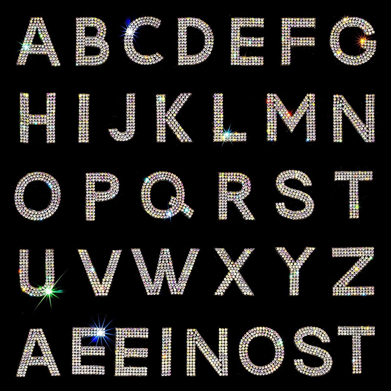 Locacrystal 34Pcs Bling Rhinestone Alphabet Stickers A-Z - Self-Adhesive Iron-On Crystal Letters for DIY Crafts, Clothing, Cars & Home Decor (Crystal AB) - Perfect for Customizing T-Shirts, Hats, Scrapbooks & Party Decorations