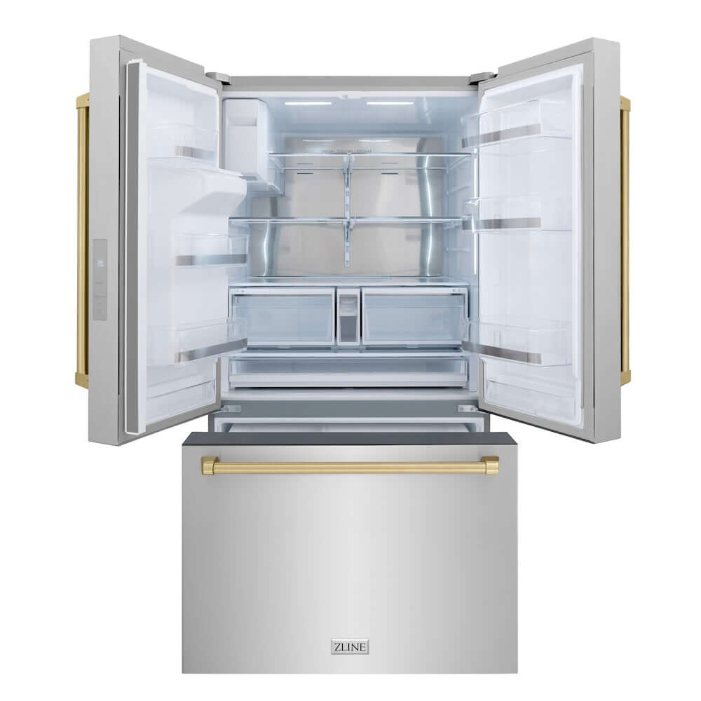 ZLINE Autograph Edition 36 Inch French Door Refrigerator with External Water Dispenser & Dual Ice Maker - 28.9 cu.ft Capacity, Fingerprint Resistant Stainless Steel with Champagne Bronze Handles (RSMZ W 36 CB) - Perfect for Modern Kitchens, Entertaining & Large Family Storage