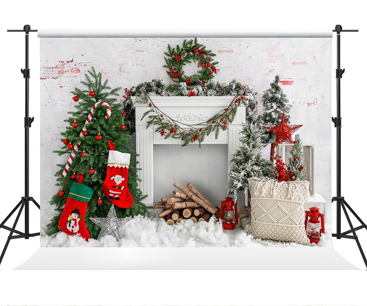 7×5ft Christmas Backdrop with Tree, Gifts & Stockings - White Brick Wall Fireplace Photo Studio Background for Xmas Party Decorations, Holiday Photos & Videos - Perfect for Christmas Celebrations, Family Gatherings & Social Media Content