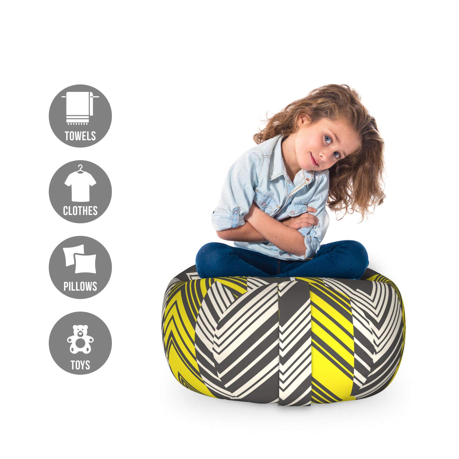 Ambesonne Yellow and White Geometric Chevron Toy Storage Bag Chair - Herringbone Pattern with Angled Lines - Washable Stuffed Animal Organizer for Kids Room, Nursery or Playroom - Small Size in Yellow Cream Grey