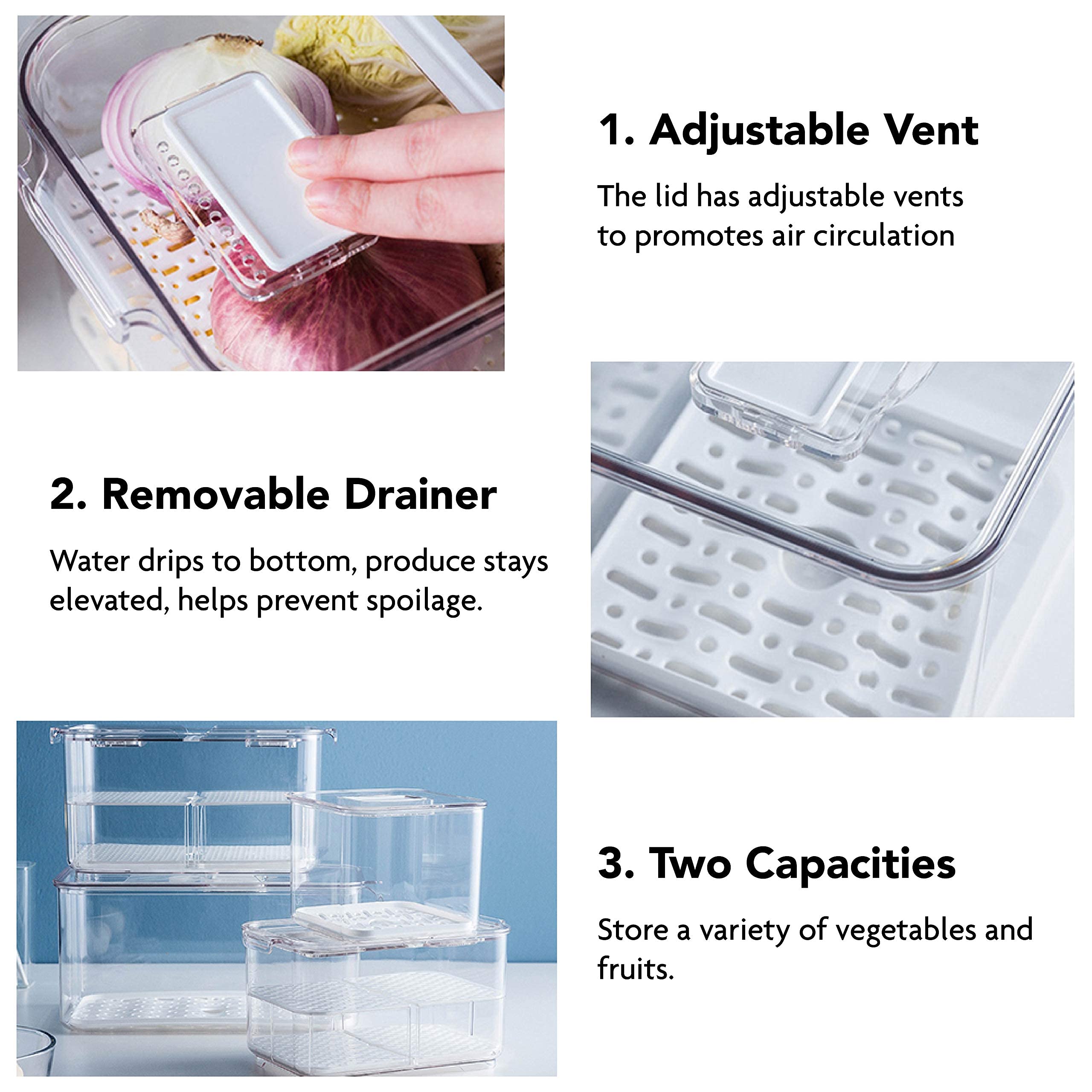 Elabo Airtight Food Storage Containers - Stackable Refrigerator Organizer Bins with Lids & Drain Tray for Vegetables, Fruits, Berries | Perfect for Meal Prep, Fridge Organization & Fresh Produce Storage