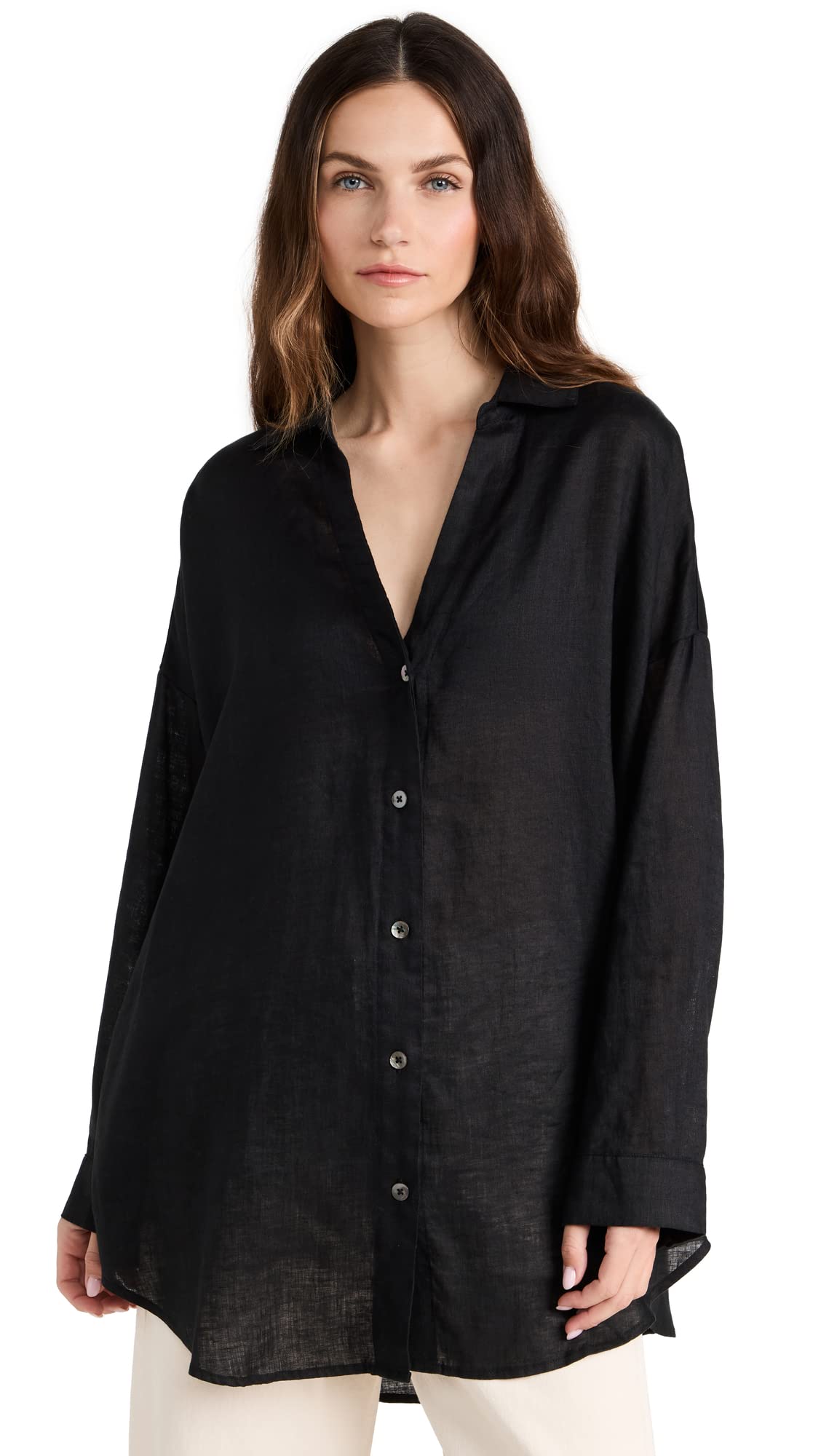 L*Space Rio Tunic for Women - 100% Linen Button Down Collared Long Sleeve Shirt with Buttoned Cuffs | Beach Cover Up, Casual Wear & Summer Outfits