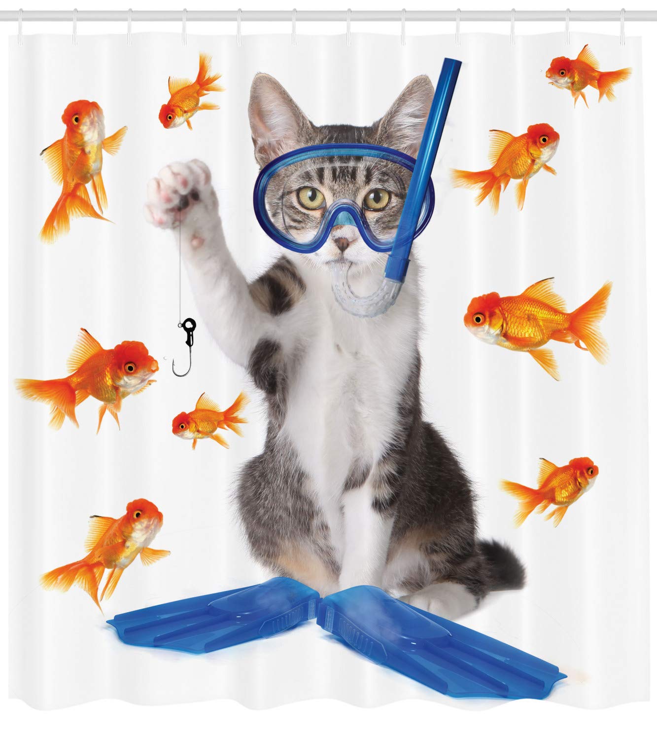 Ambesonne Humorous Cat Shower Curtain - Modern Fishing Curiosity Goldfish Hunting Design, Blue & Orange Fabric Bathroom Decor Set with Hooks, 69