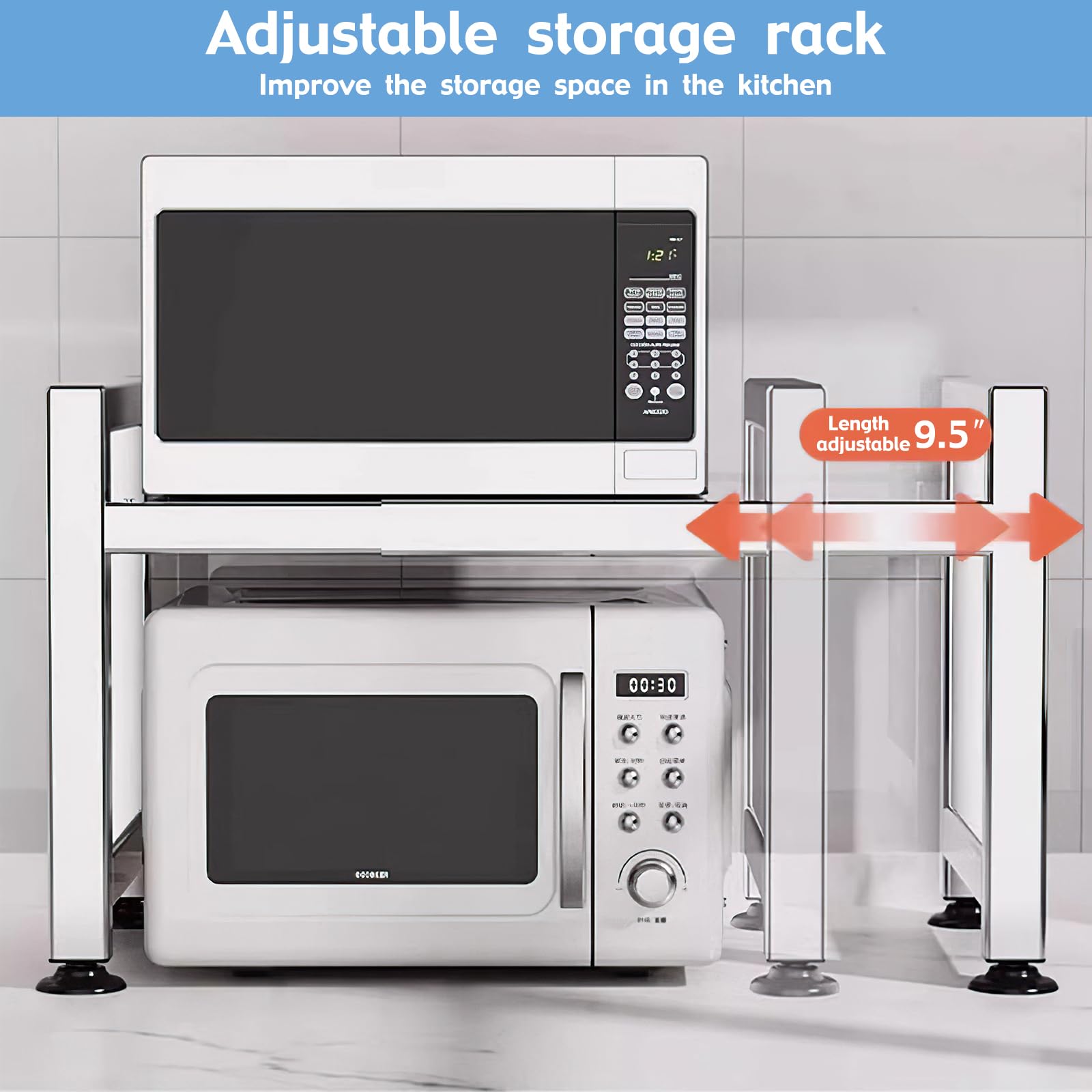 Extendable 2-Tier Stainless Steel Microwave Oven Rack with 4 Hooks - Adjustable Countertop Shelf Organizer for Kitchen Utensils & Tableware Storage - Perfect for Small Spaces, Microwave Stands, and Countertop Organization