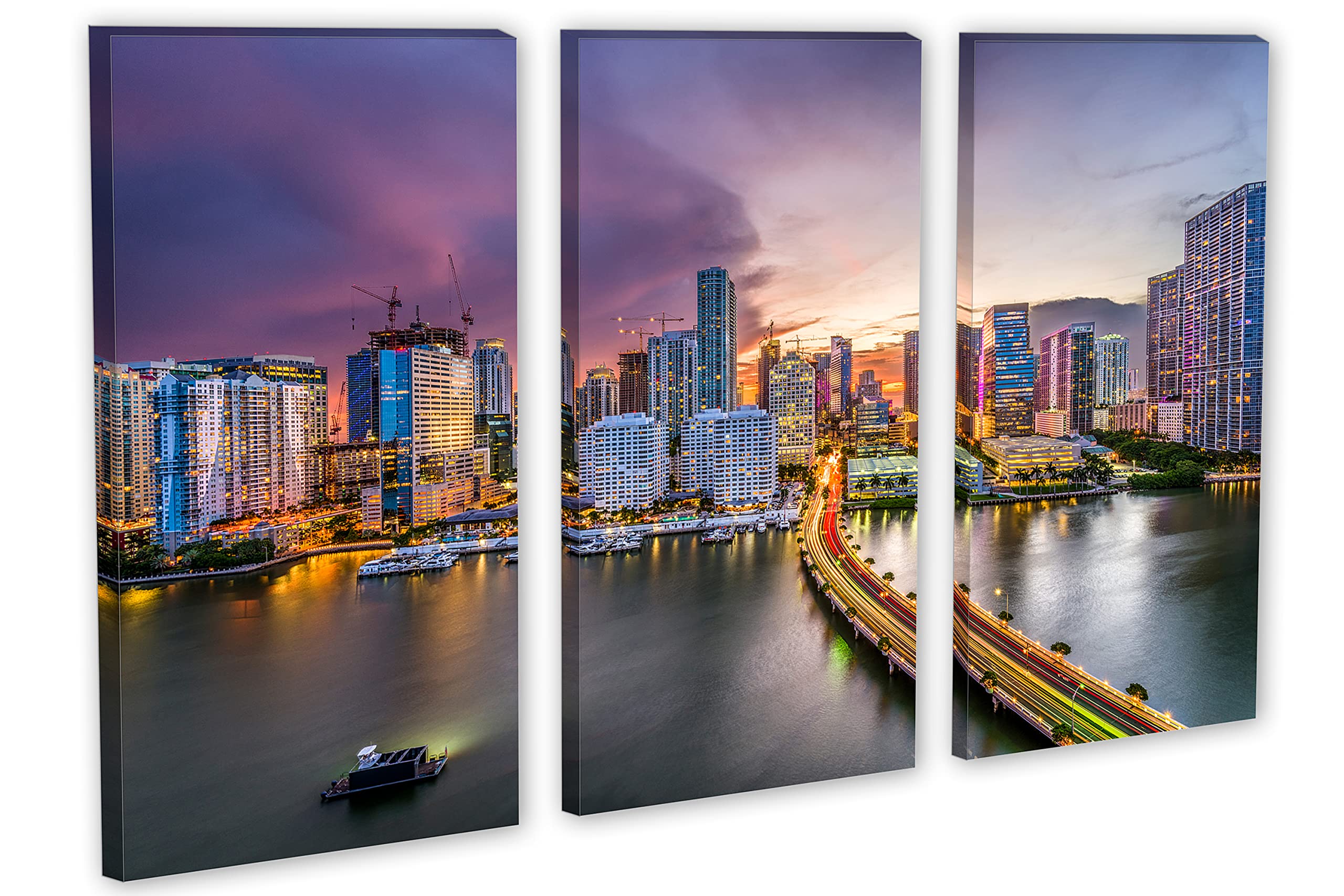 30x20 Miami Florida Skyline Wall Art Canvas Print - 3 Panel Split Triptych for Home Decor, Living Room & Office Wall Decor | Modern Cityscape Painting for House & Apartment