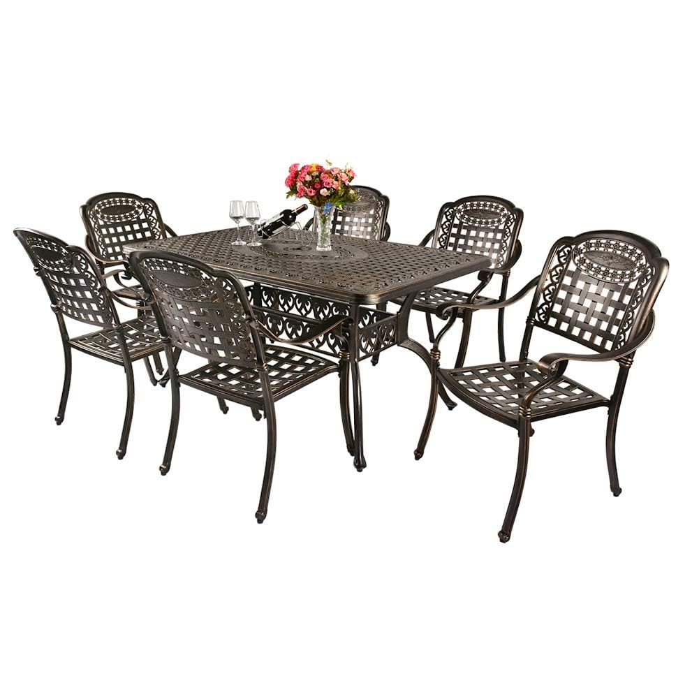 TITIMO 7-Piece Outdoor Dining Set - All-Weather Cast Aluminum Patio Furniture with 6 Chairs & 1 Rectangle Table (Umbrella Hole Included) for Garden, Deck, Backyard - Perfect for Outdoor Entertaining & Relaxation