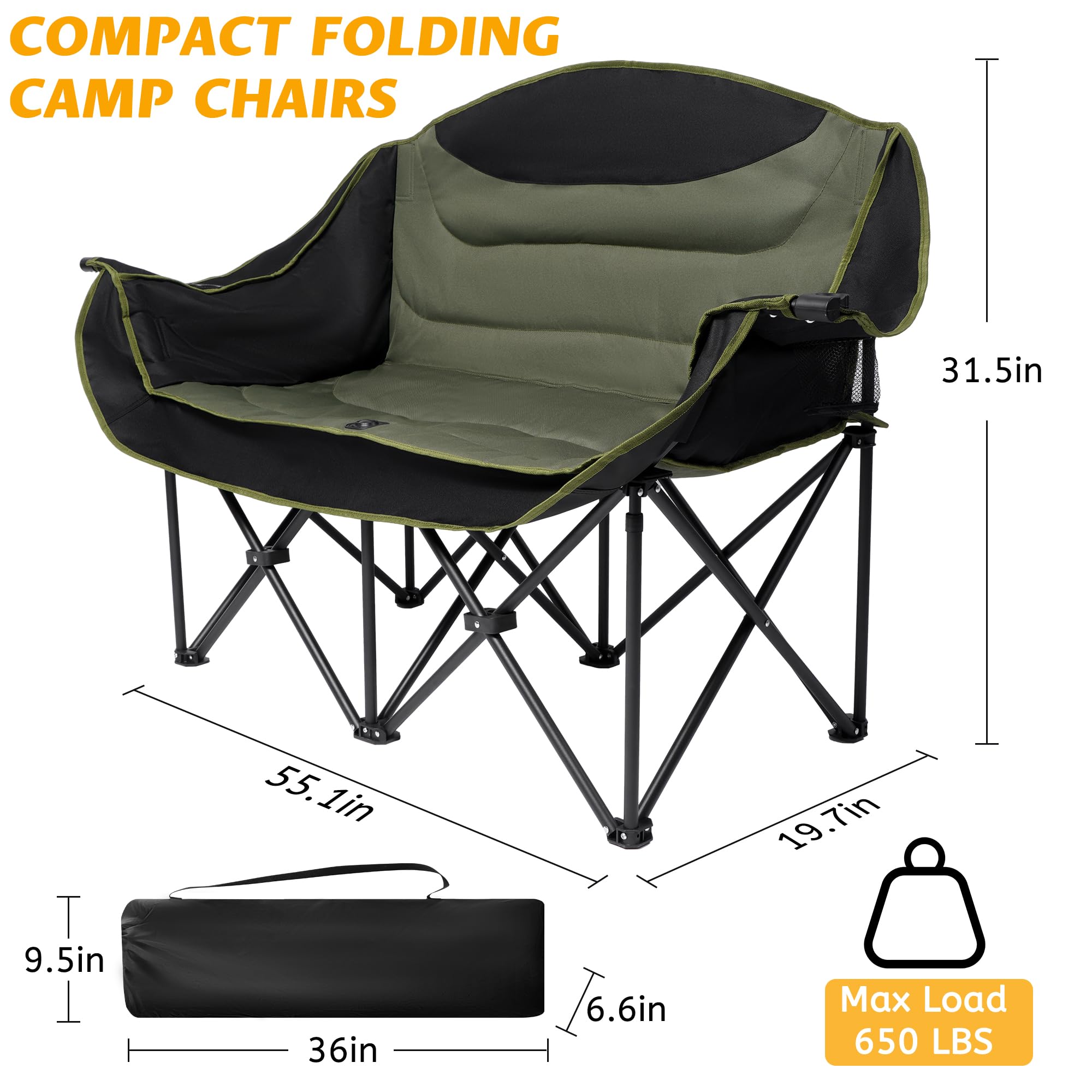 UBALANCE Heavy Duty 650LBS Portable Double Camping Chair for Adults - Oversized Folding Loveseat for Outdoor Activities, Garden, Lawn, Picnic, Beach & Fishing (Green) | Perfect for Couples Camping, Backyard Relaxing and Outdoor Events