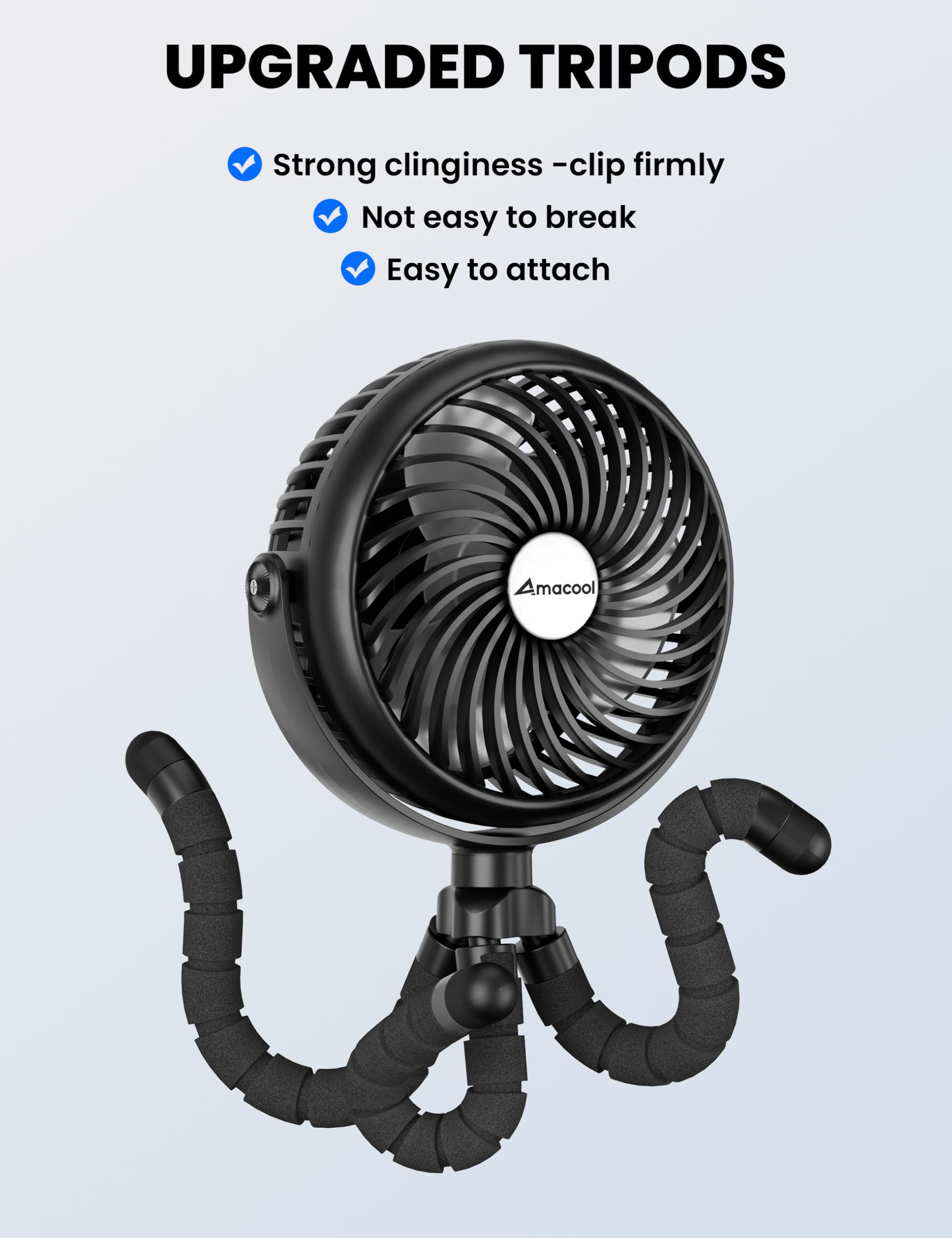 AMACOOL Rechargeable Baby Stroller Fan - 5000mAh Battery, 3-Speed Adjustable, Ultra Quiet with 360° Rotation | Portable Clip Fan for Travel, Car Seat, Crib, Bike & Treadmill | Perfect for Beach Vacations, Outdoor Activities & Nursery Cooling