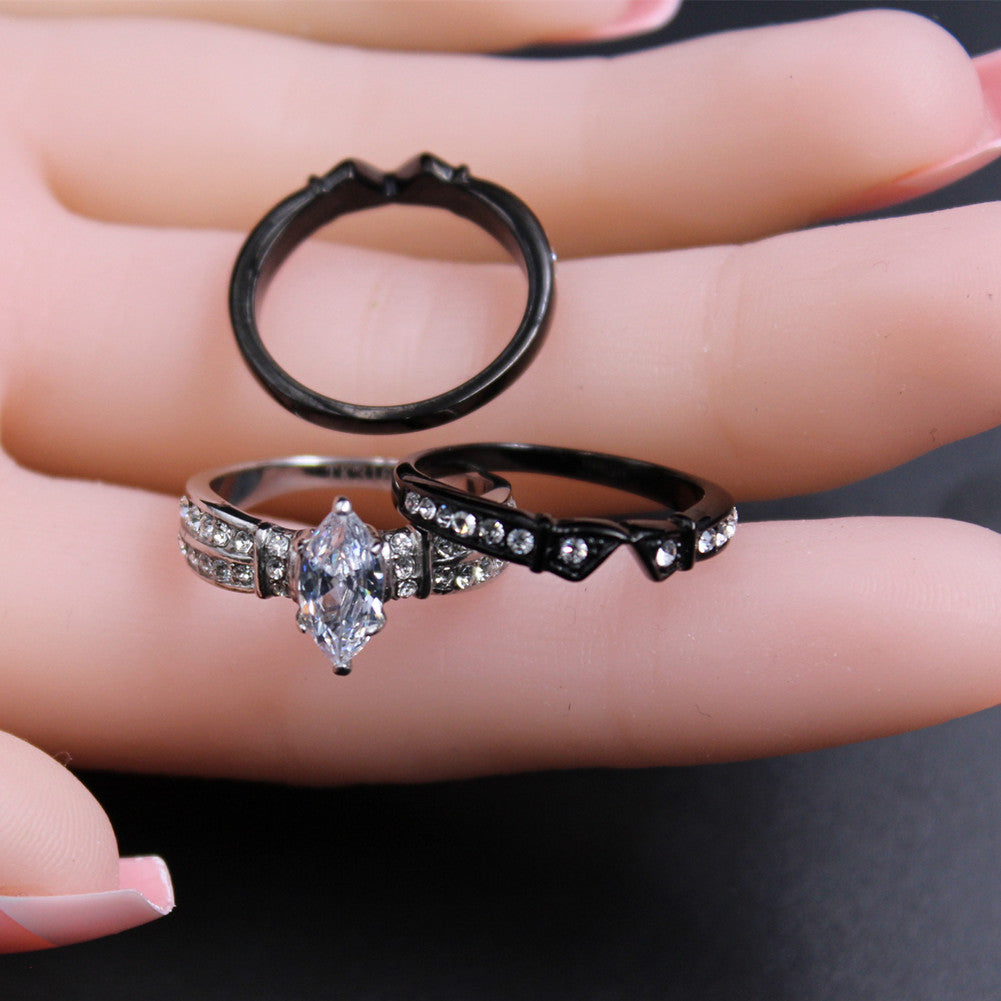 MABELLA Stainless Steel Marquise Cut Cubic Zirconia Black Wedding Band & Engagement Ring Set for Women - Perfect for Proposals, Anniversaries, and Bridal Jewelry Gifts