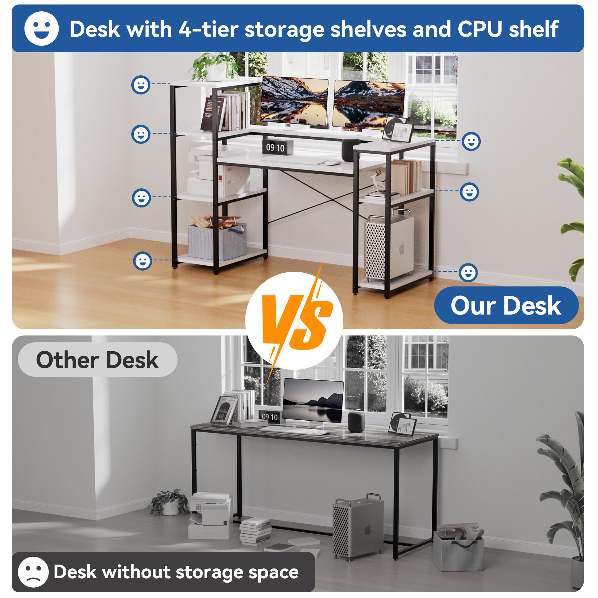 63 Inch White Computer Desk with Storage Shelves & Bookshelf - Home Office Desk for Study, Writing, PC Work, Gaming - Perfect for Small Spaces, Dorm Rooms & Workstations